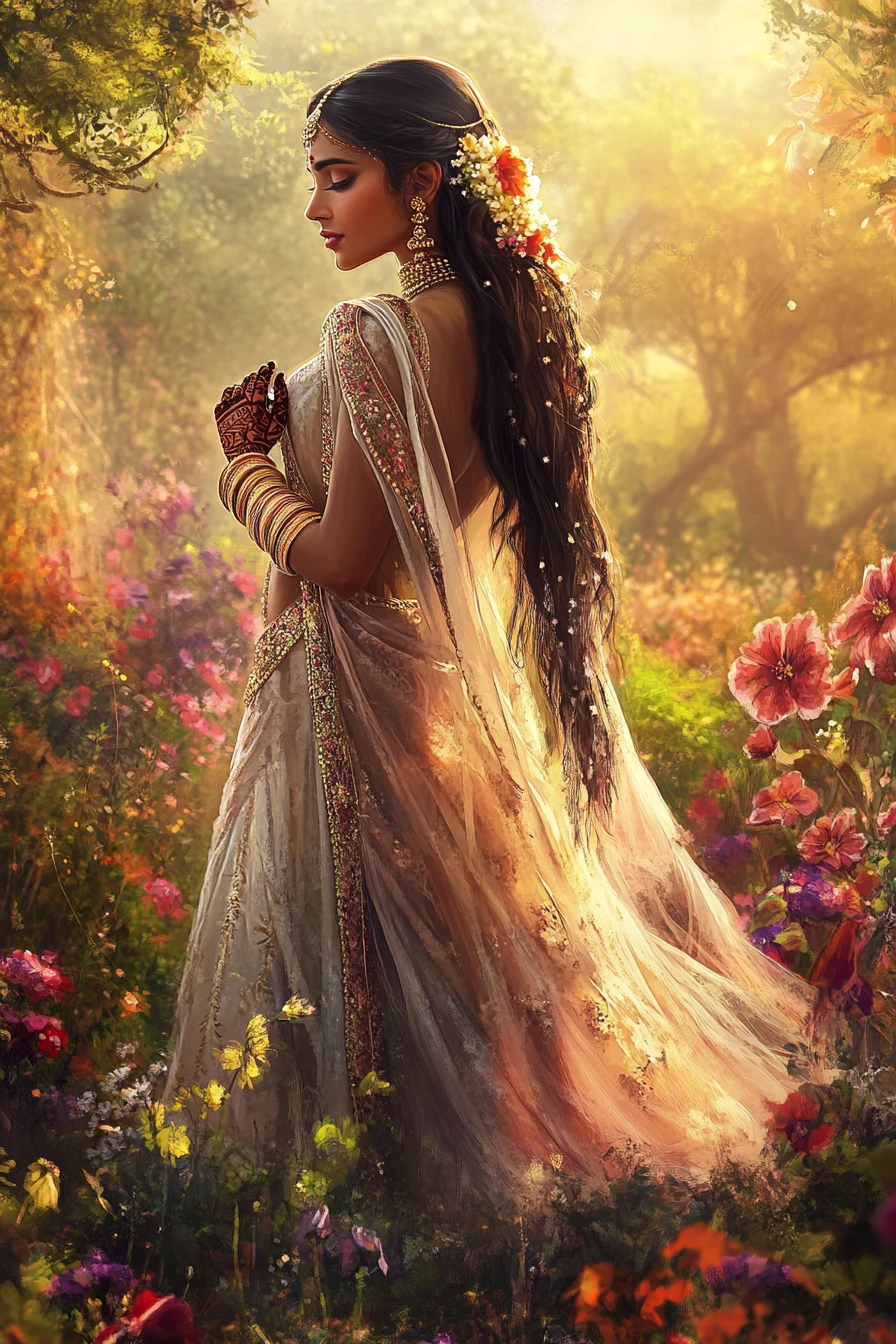 Indian princess in bridal attire in a sunset garden