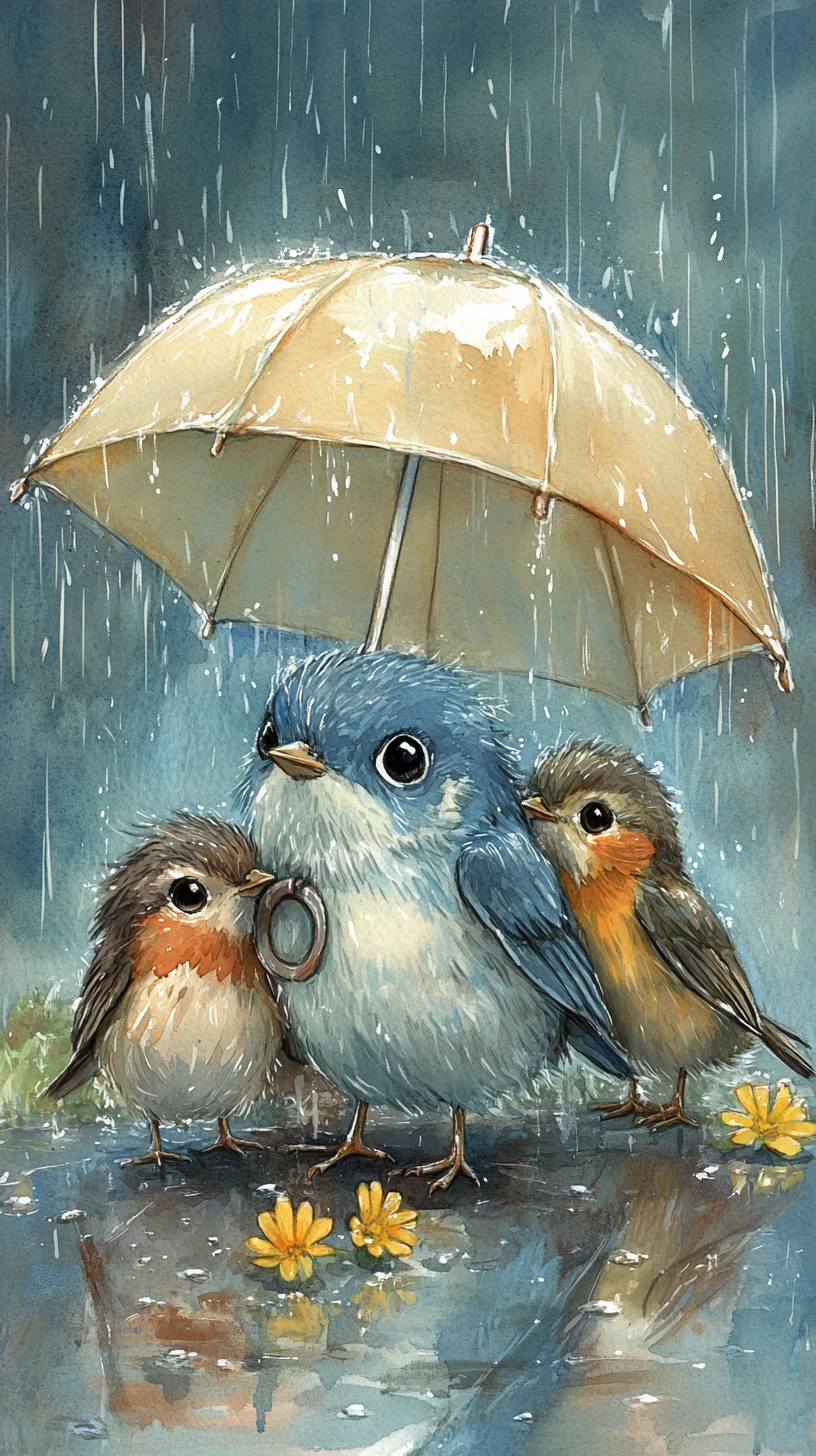 Four little birds sharing an umbrella in the rain
