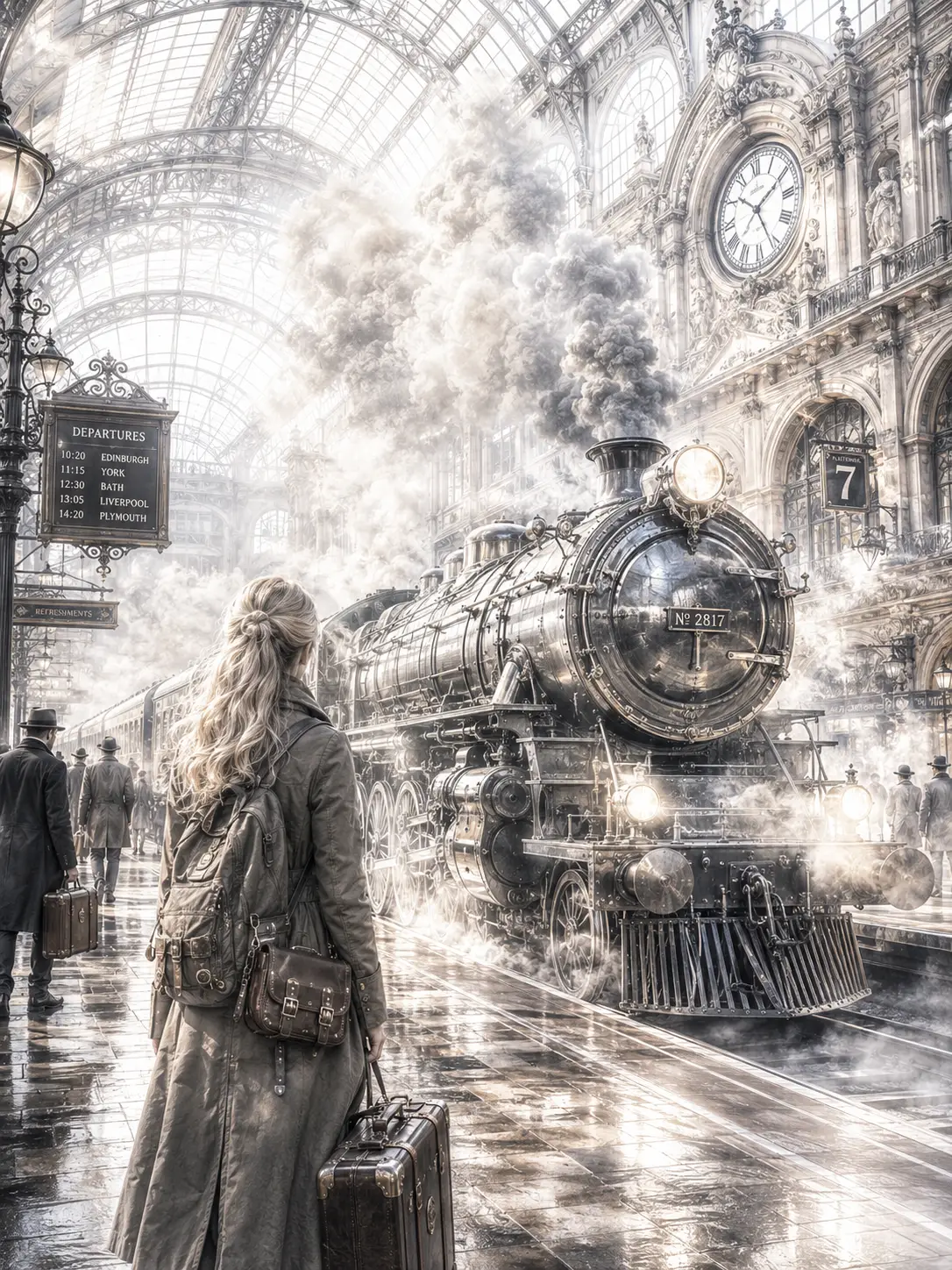 Victorian steam train arriving in a grand glass roof station