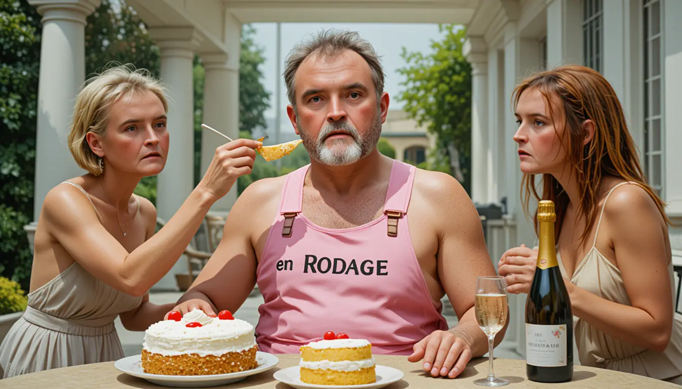 Topless man celebrated with cake and champagne outdoors