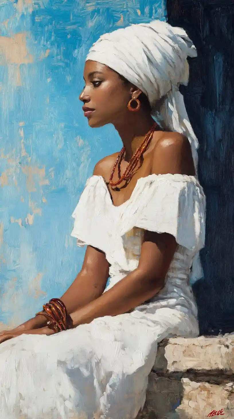 Seated woman in white garments against textured blue abstract
