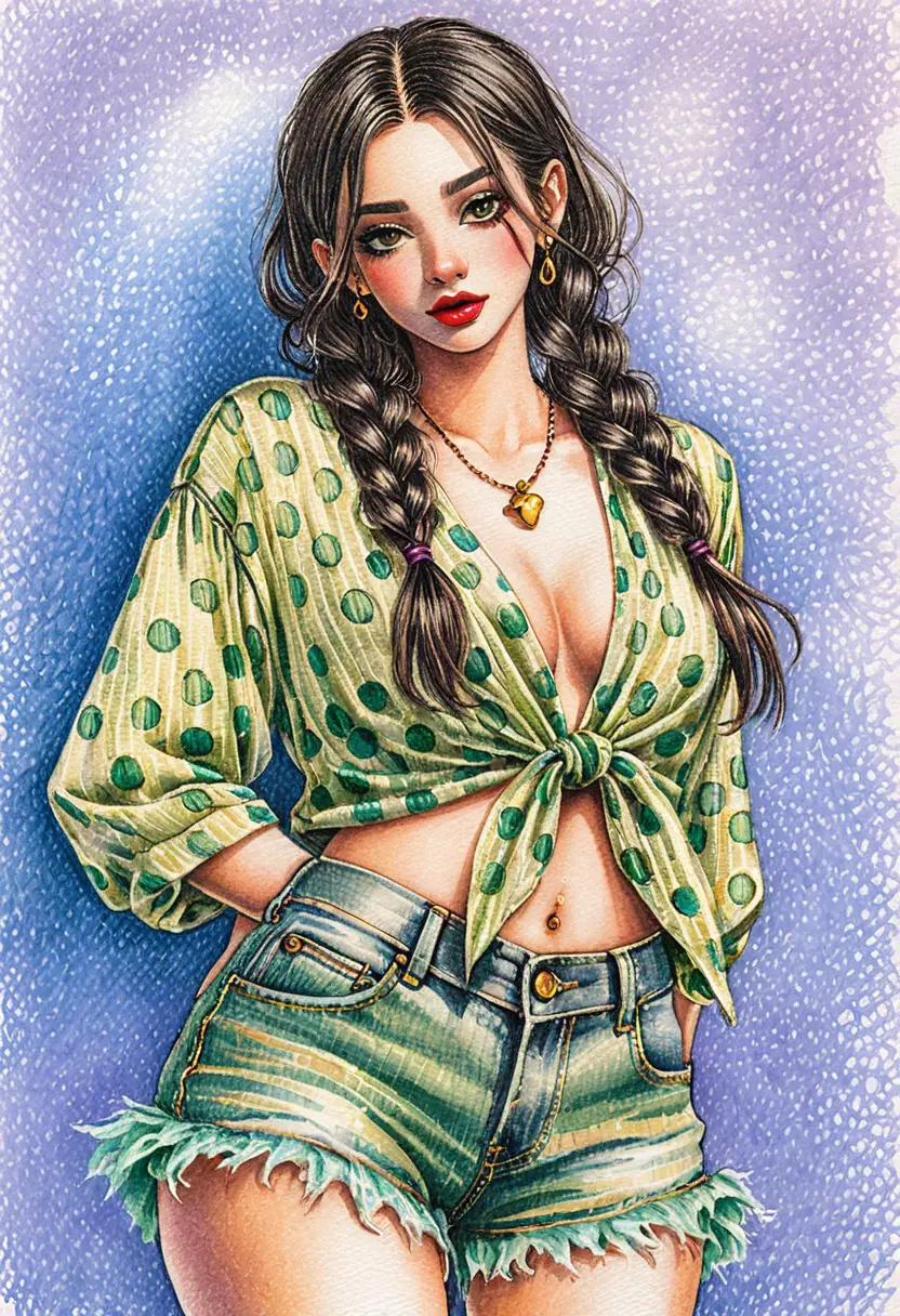 Colored pencil portrait of a girl with braided dark hair