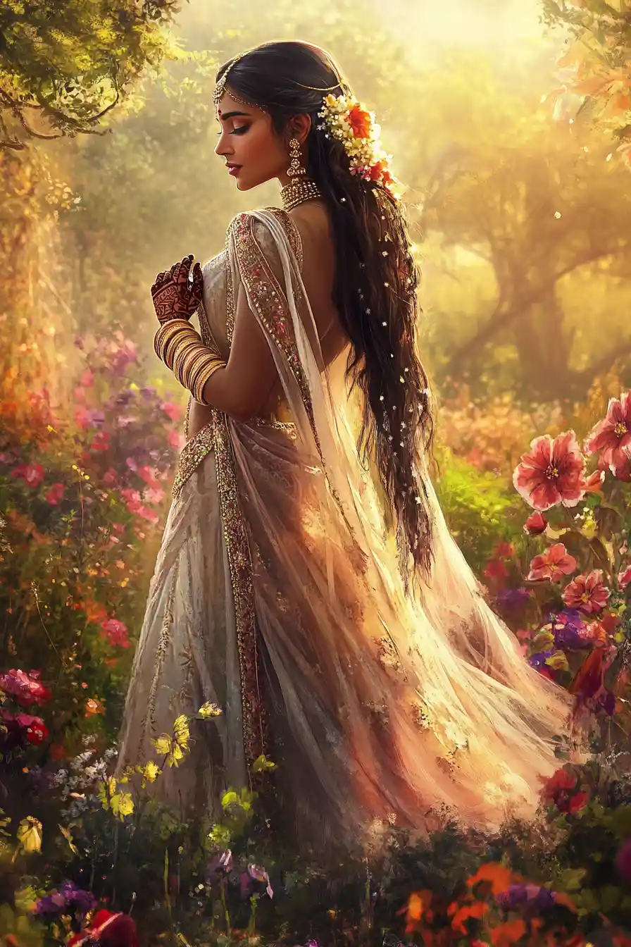 Indian princess in bridal attire in a sunset garden