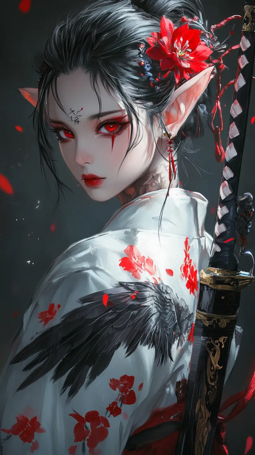 Tattooed anime warrior woman in floral kimono with katana