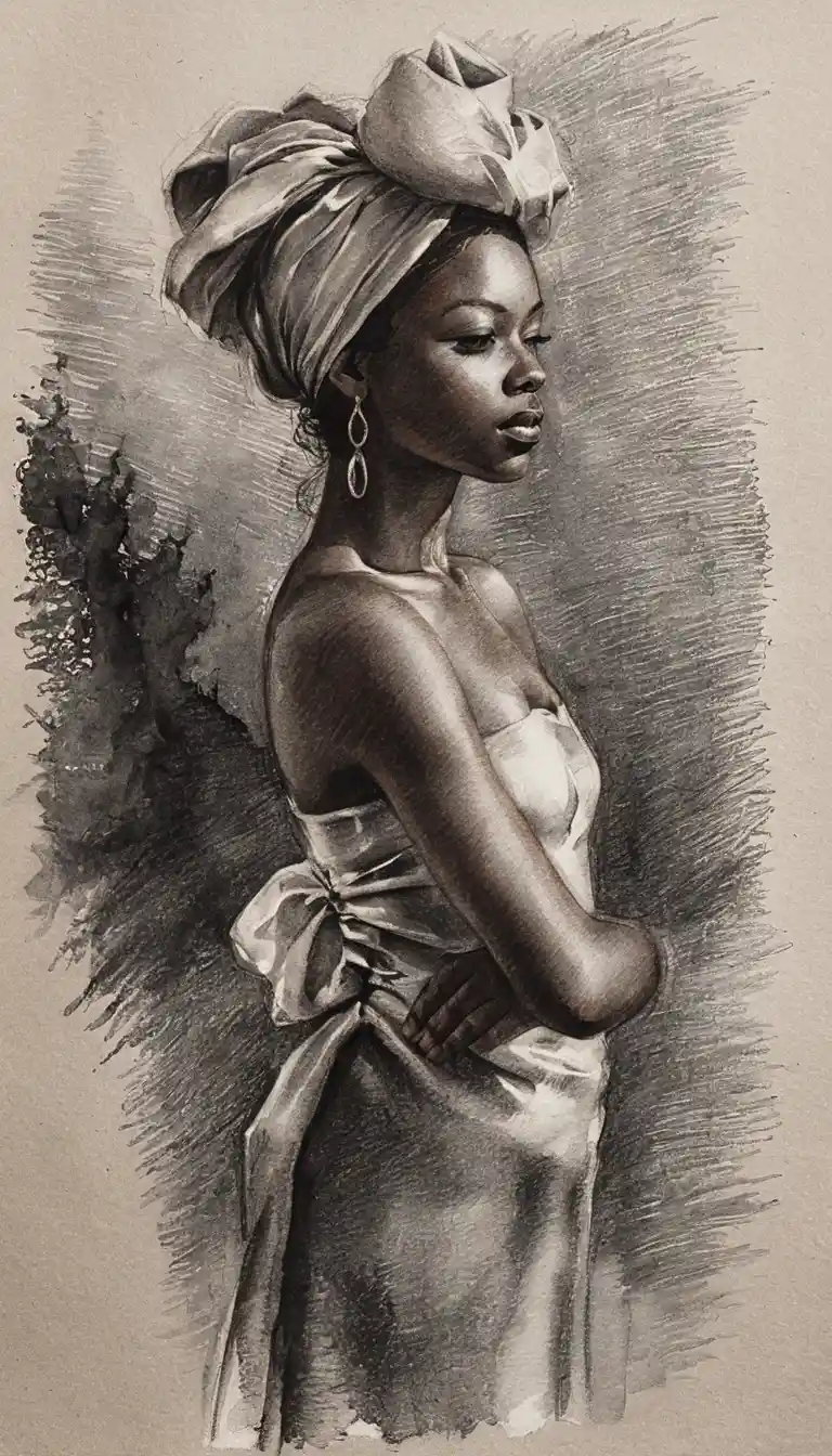 Charcoal bust portrait of a young woman in headscarf