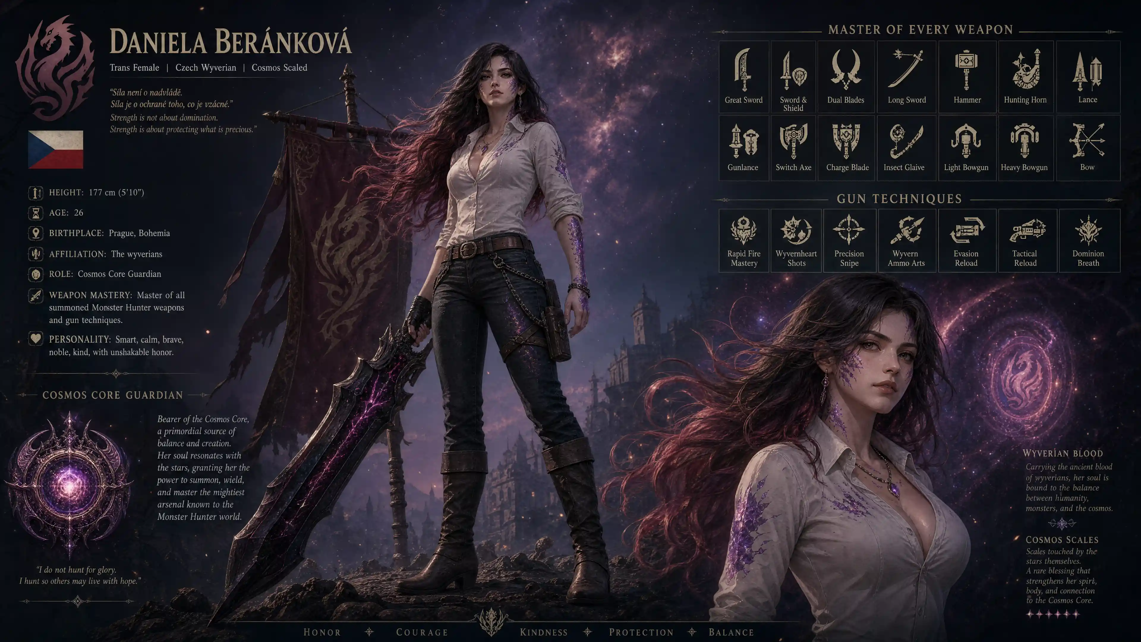 Fantasy wyverian woman with cosmos scales and casual clothes
