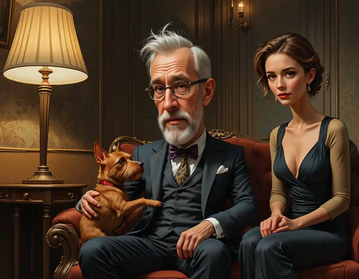 Middle aged man with terrier in faded art deco living room