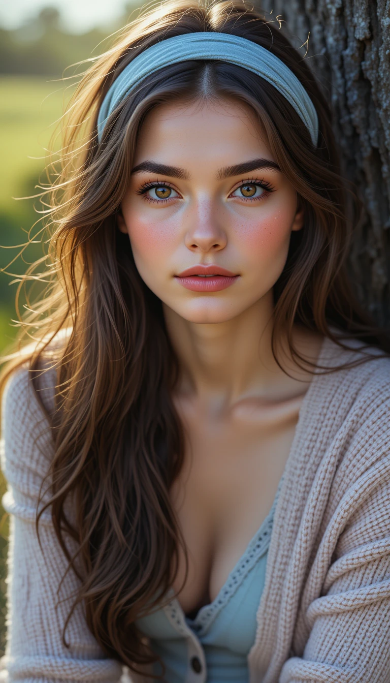 Young woman sitting by a tree in sunny countryside