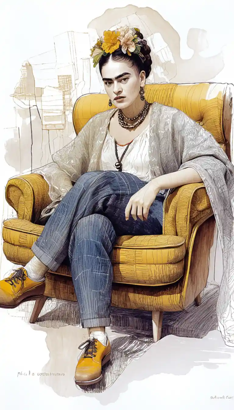 Frida inspired woman in ink portrait on lounge chair