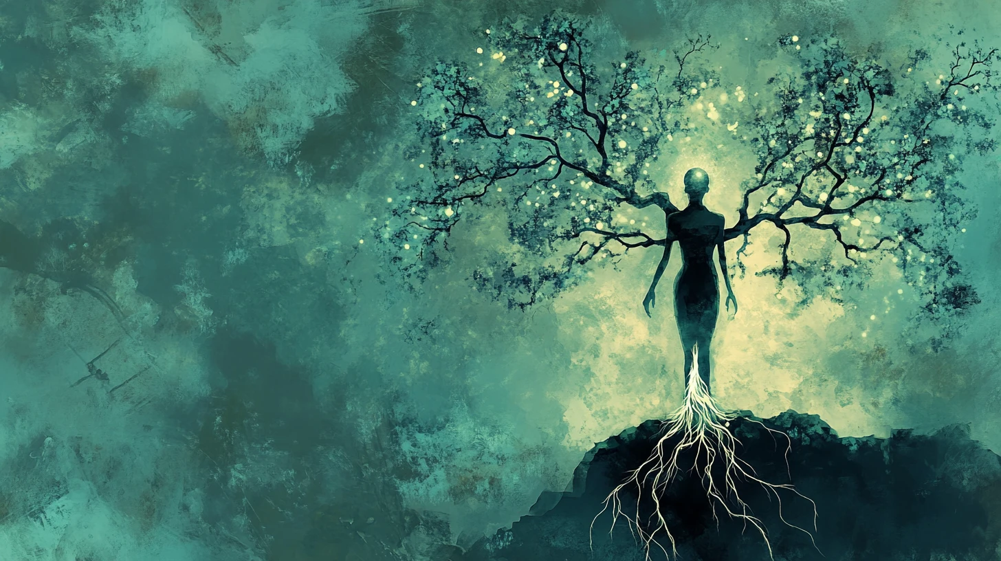 Ethereal guardian nurturing human shaped trees of memory