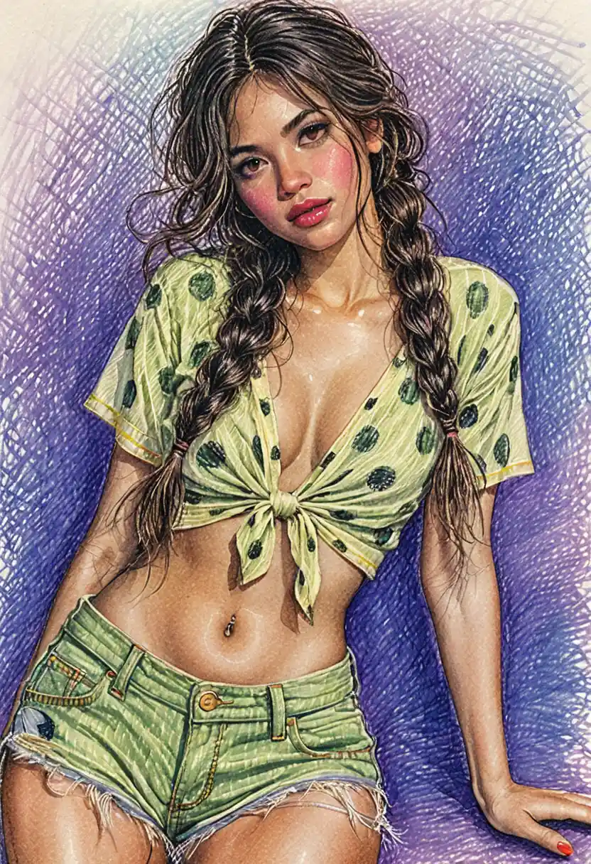 Colored pencil portrait of a girl with braided dark hair