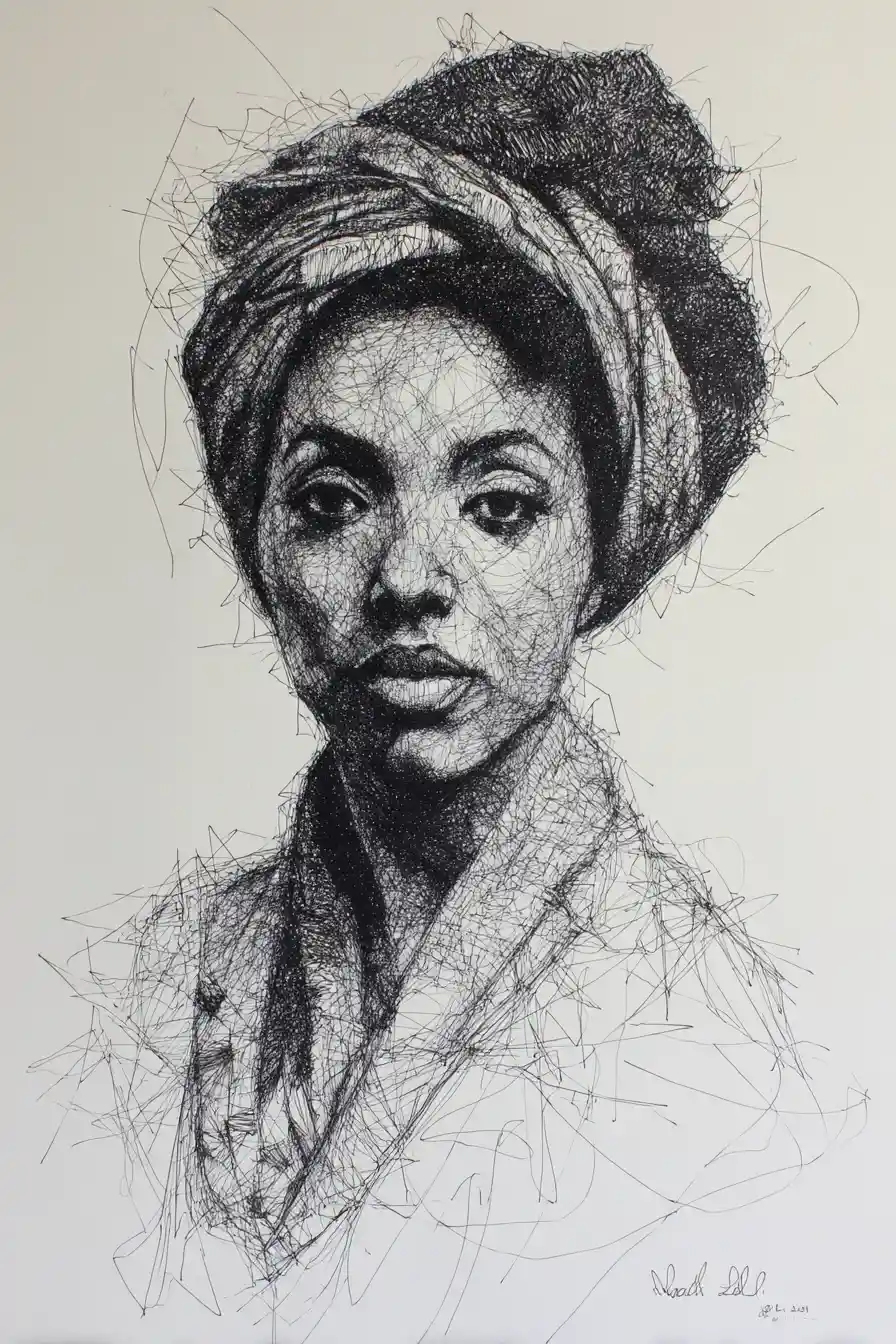 Textured graphite portrait of a black woman with afro bun