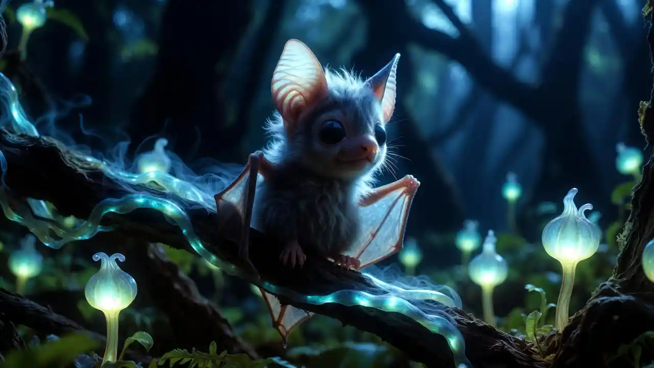 Süße flauschige Fledermaus auf leuchtendem Ast im verzauberten Wald
