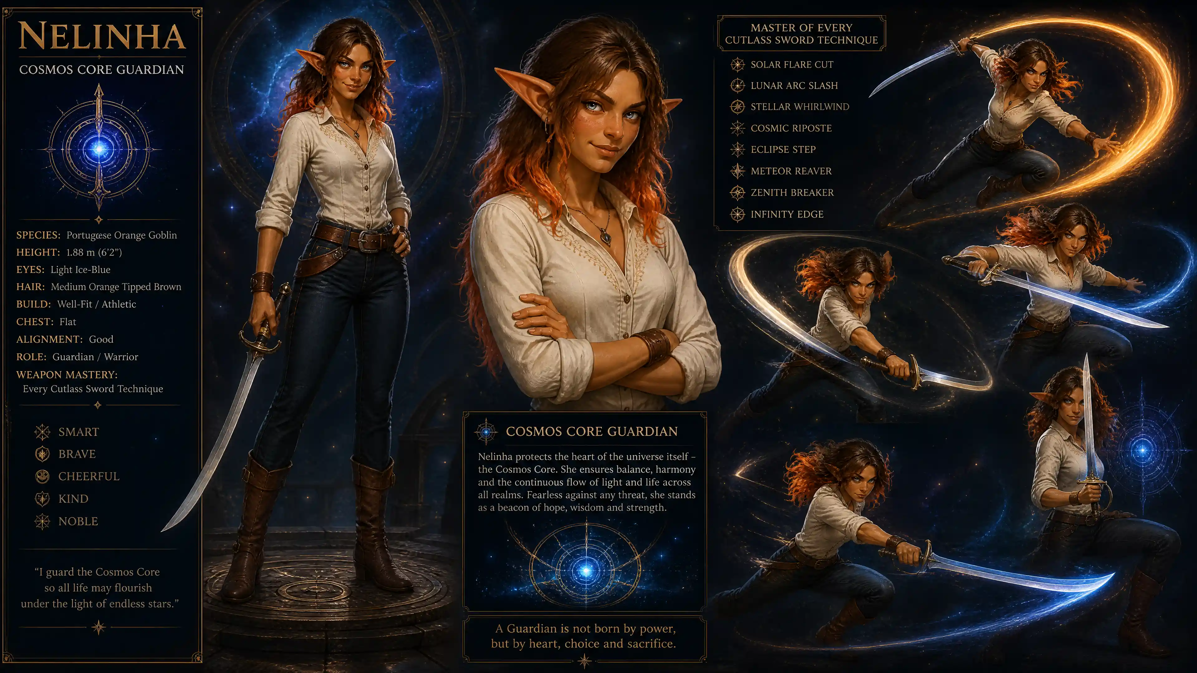 Tall orange goblin woman guardian in casual clothes