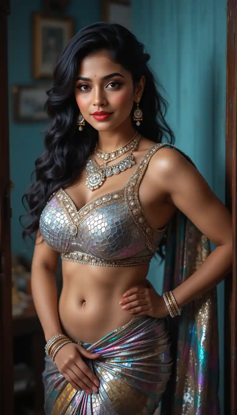Tamil woman in glossy mirror saree bending at the waist