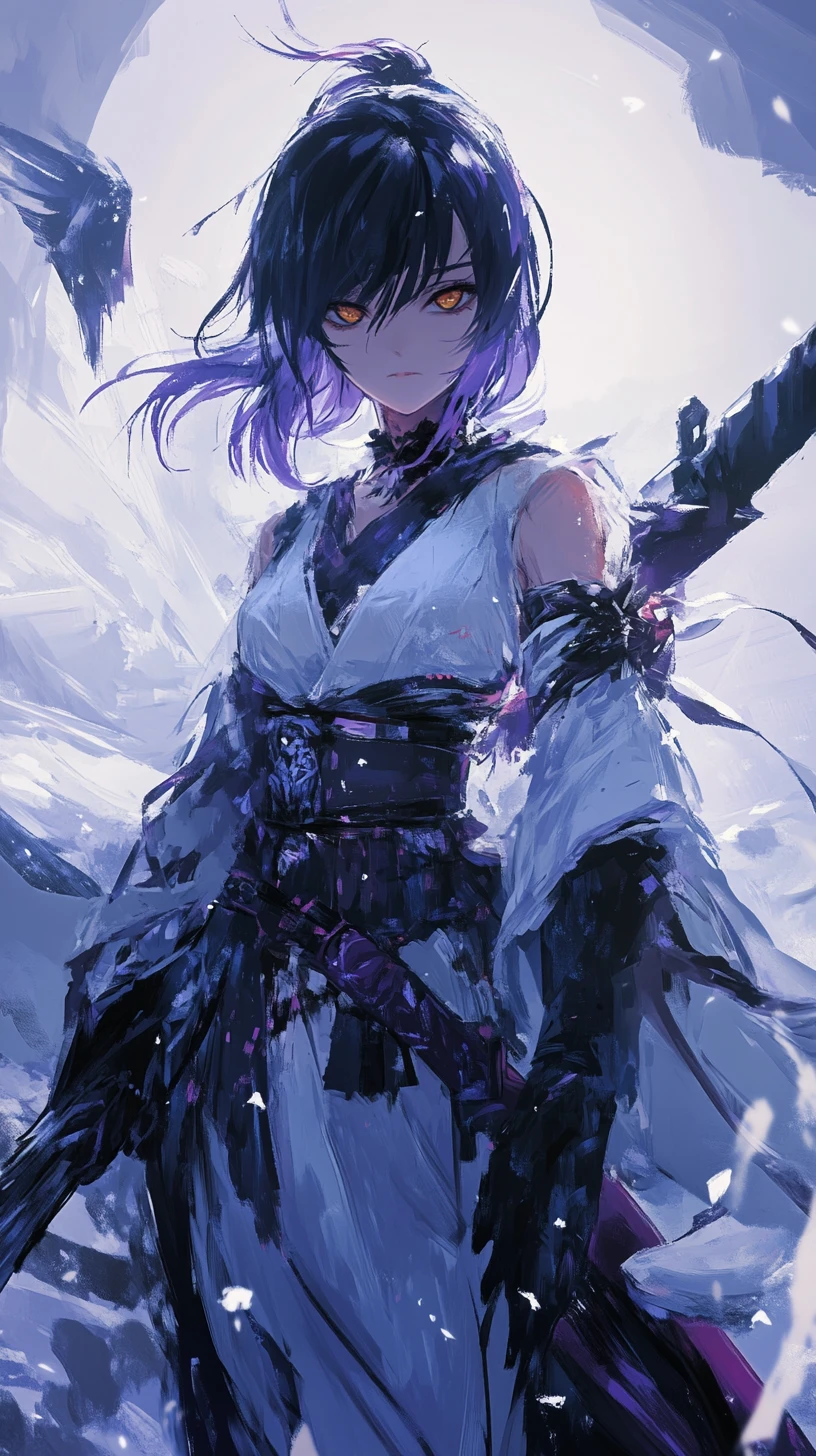 Anime girl in flaming outfit with yellow eyes and long skirt