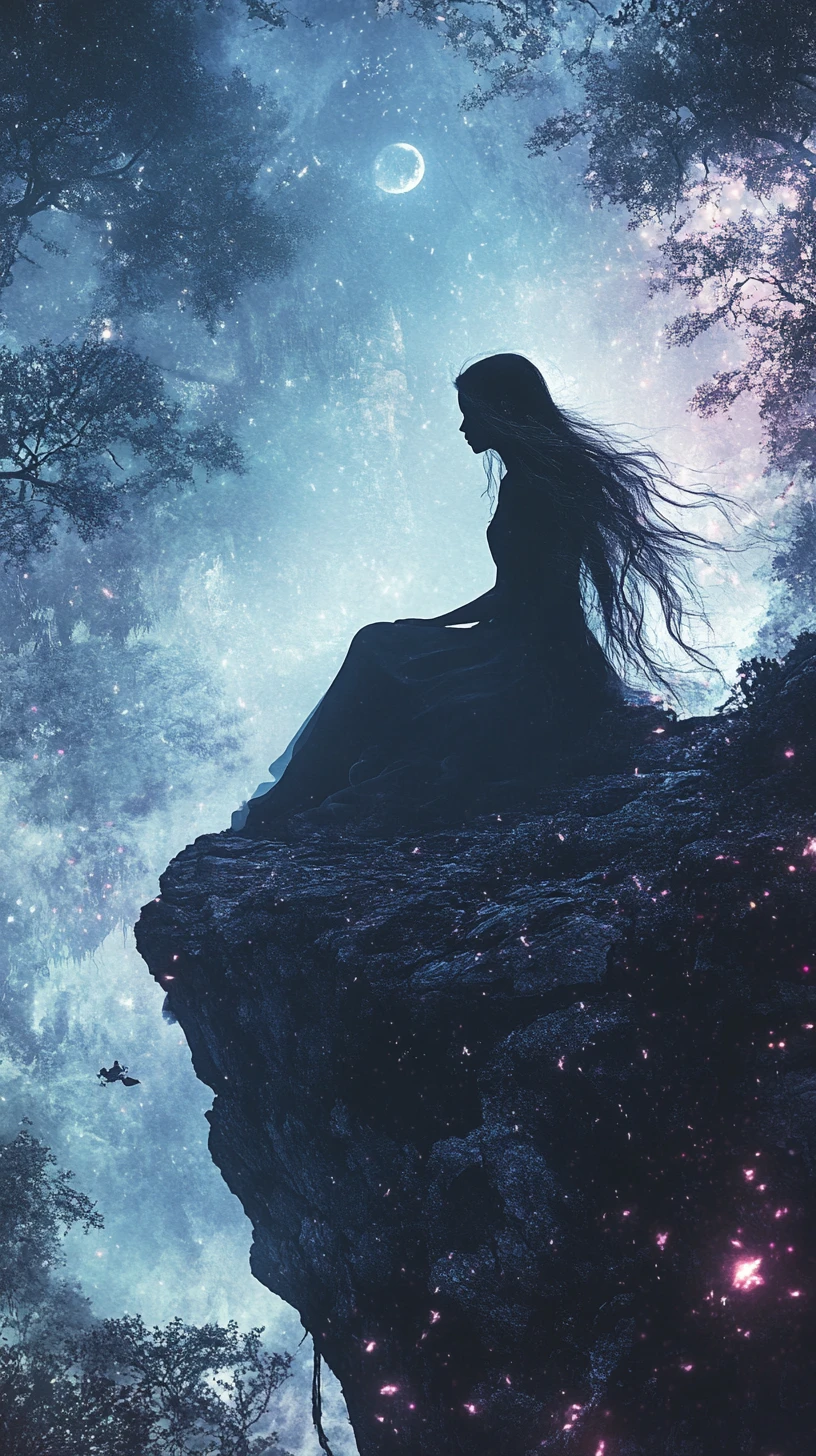 Solitary woman on a cliff in a glowing fantasy forest