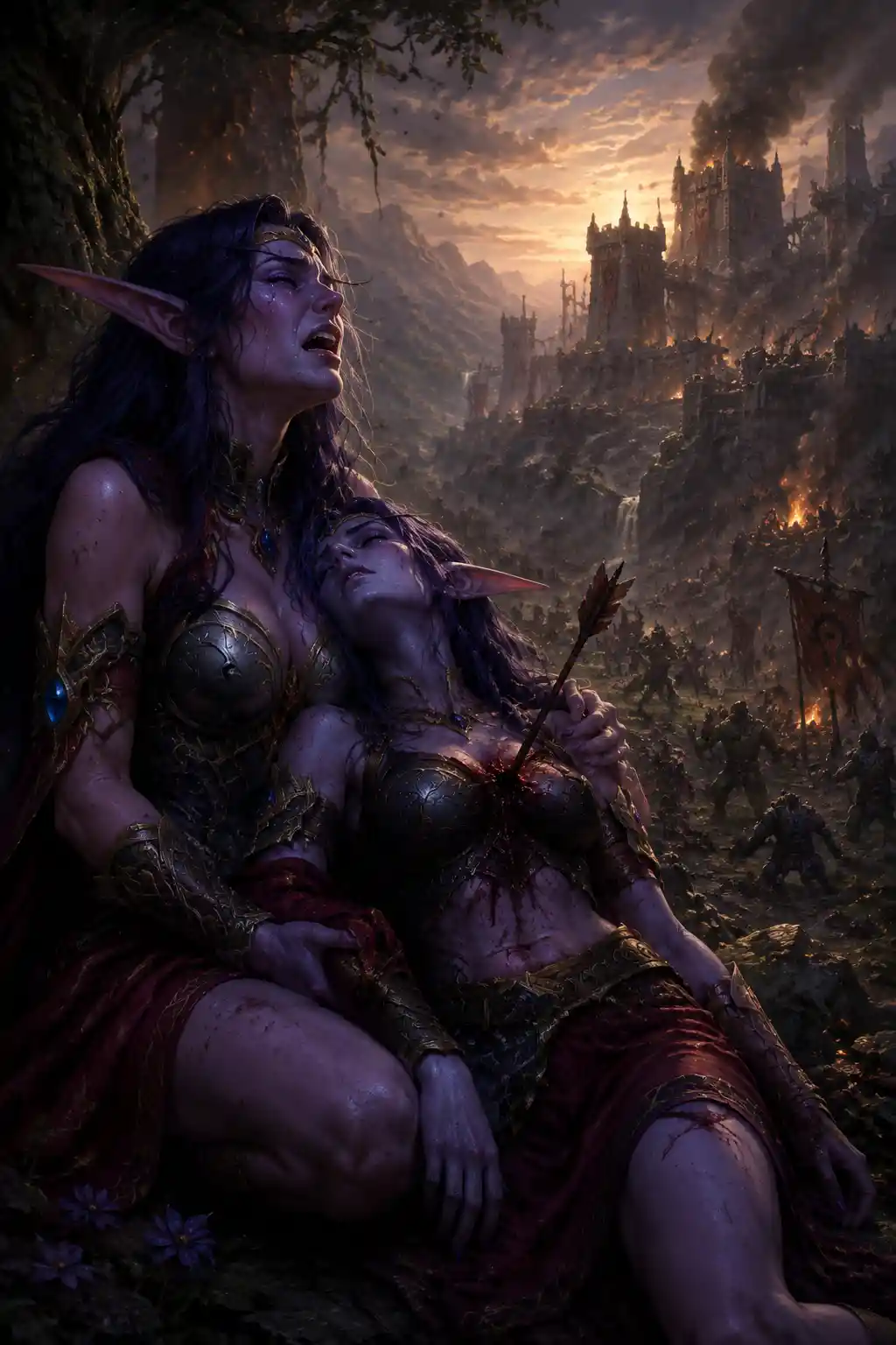 Night elf warrior queen mourning her wounded wife