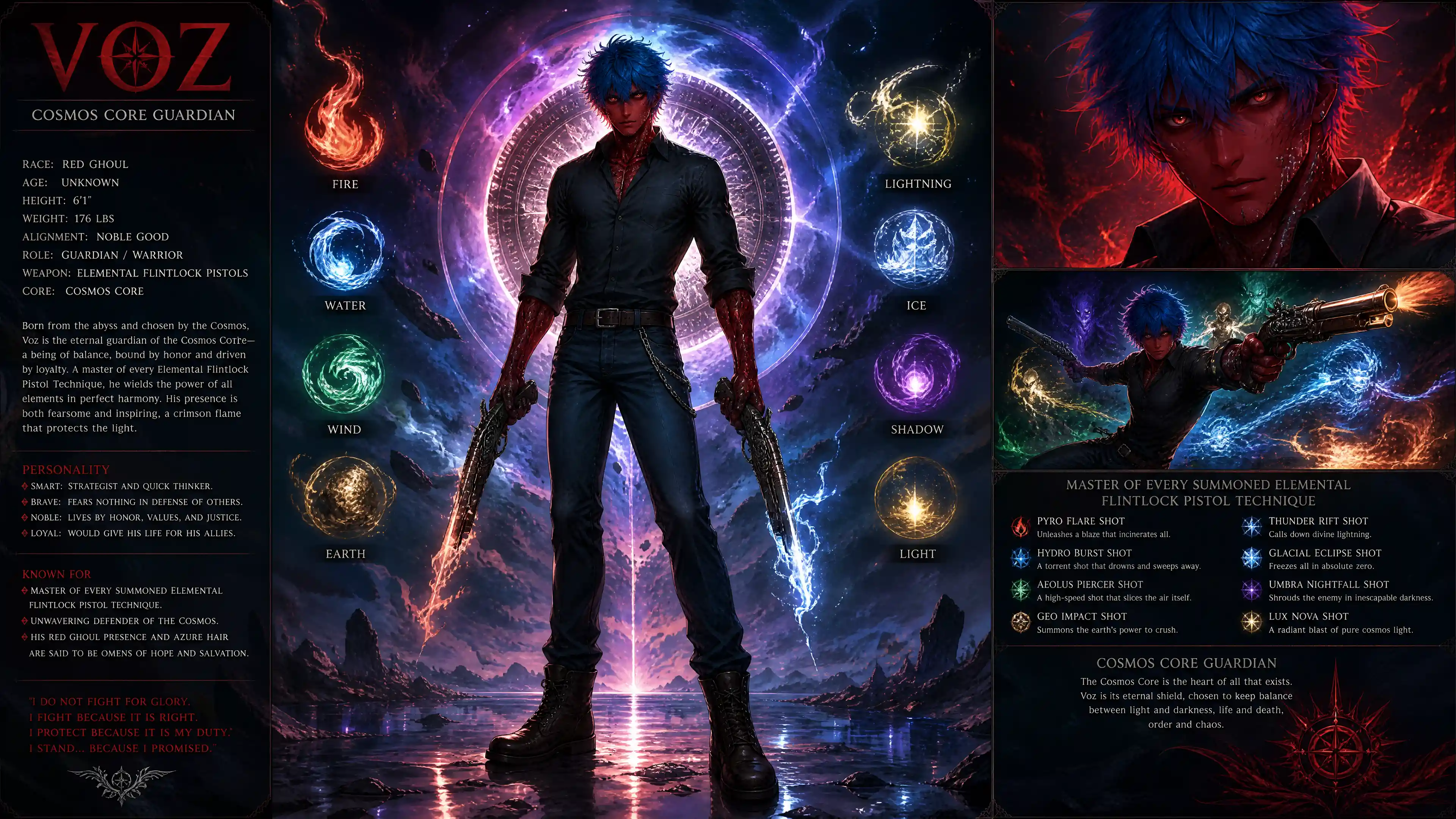Heroischer roter Ghoul-Wächter mit Elementarpistolen im kosmischen Raum