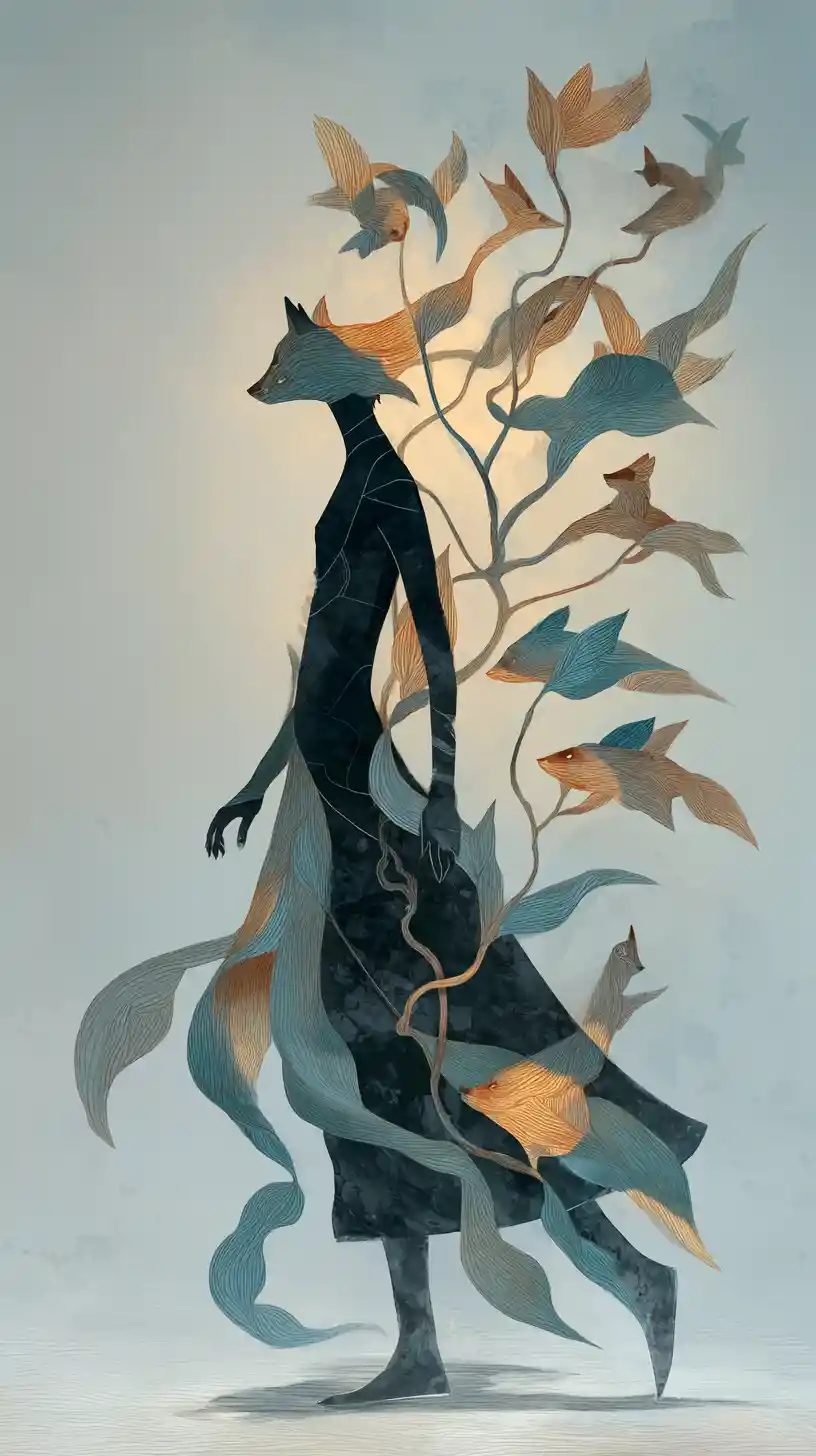 Mulher surreal se dissolvendo em pássaros, raposas e serpentes