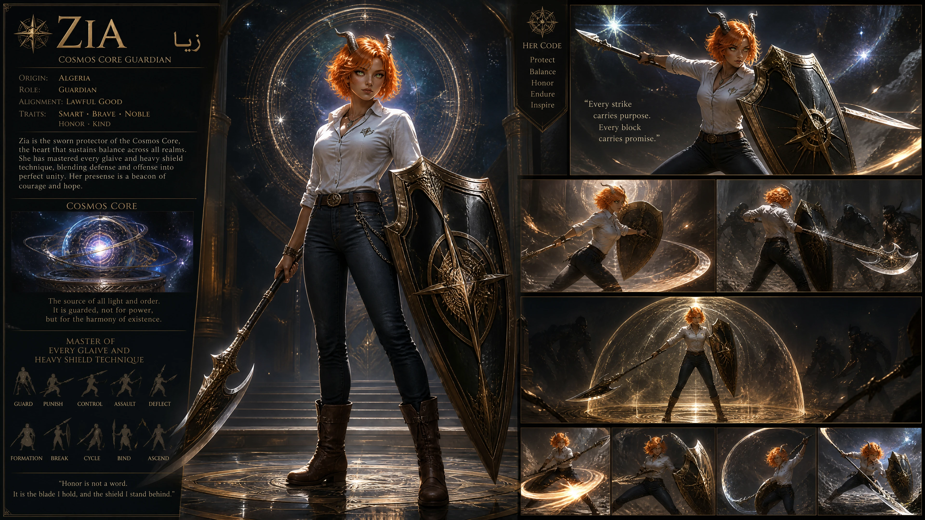 Cosmic horned guardian woman with glaive and shield