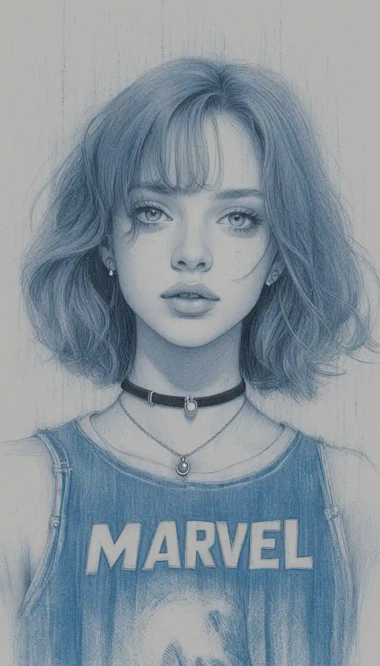 Colored pencil portrait of silver haired girl with jewelry