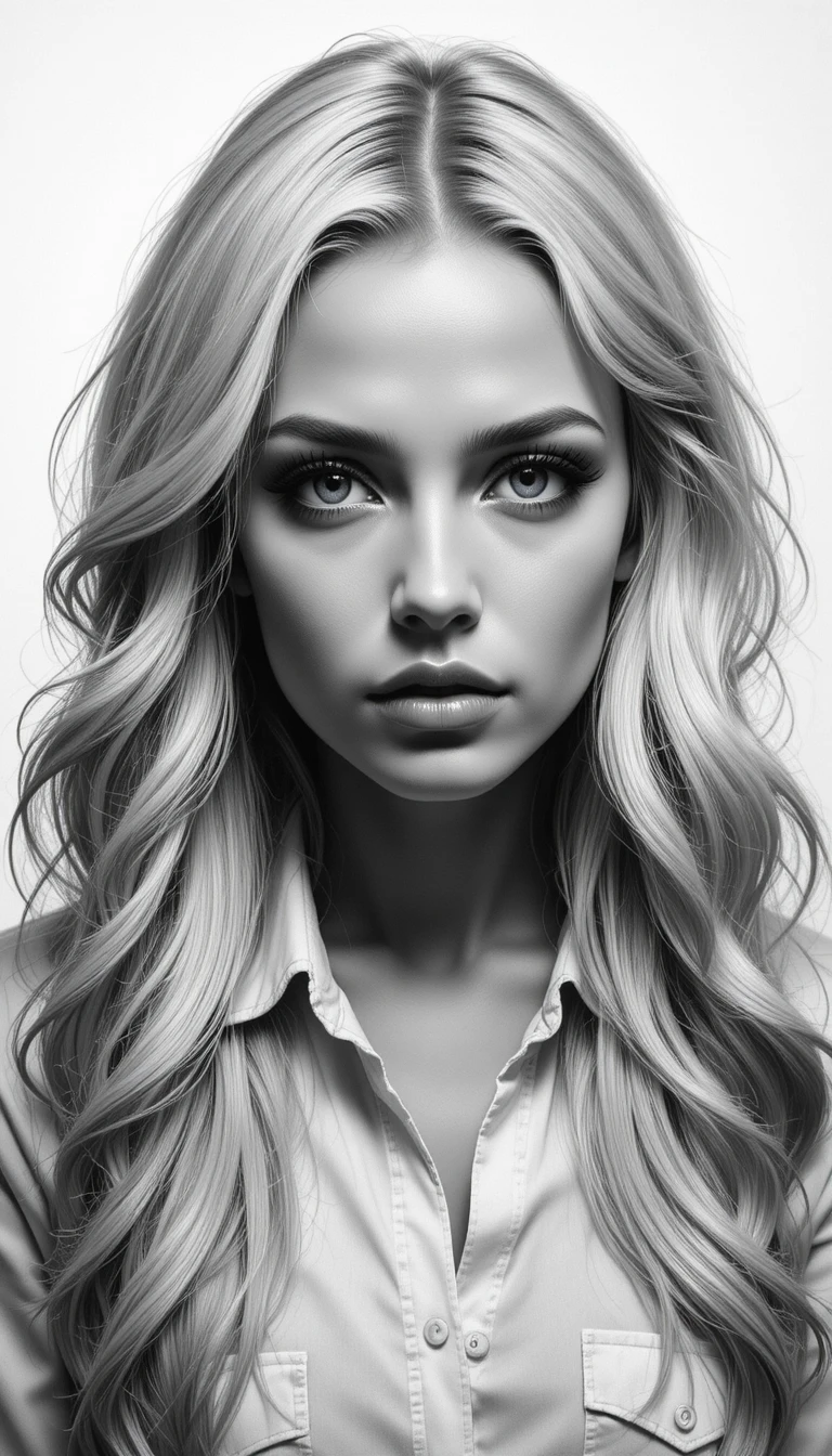 Serious blonde woman in white shirt on plain white background