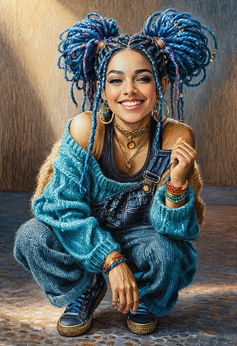 Ragazza giocosa con dreadlock blu accovacciata sul pavimento urbano