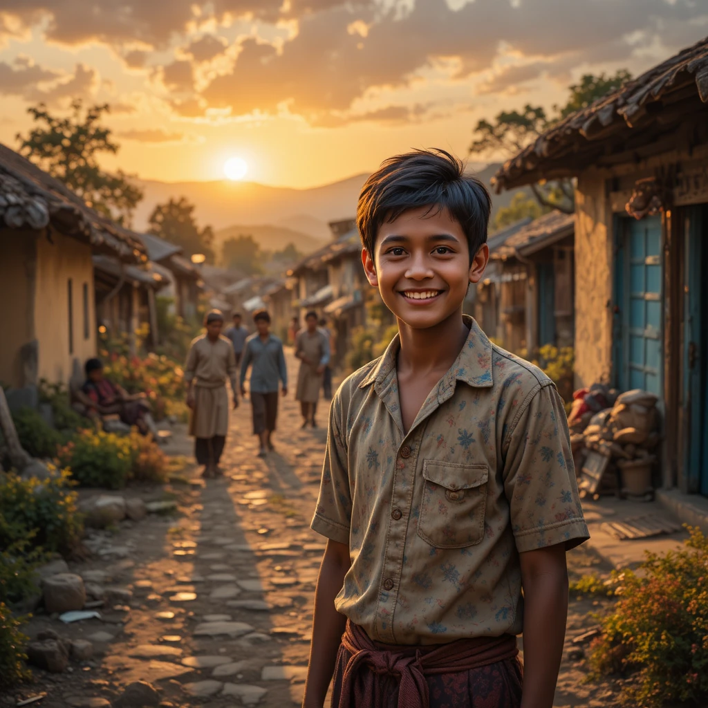 Cheerful village boy helping locals at warm sunset