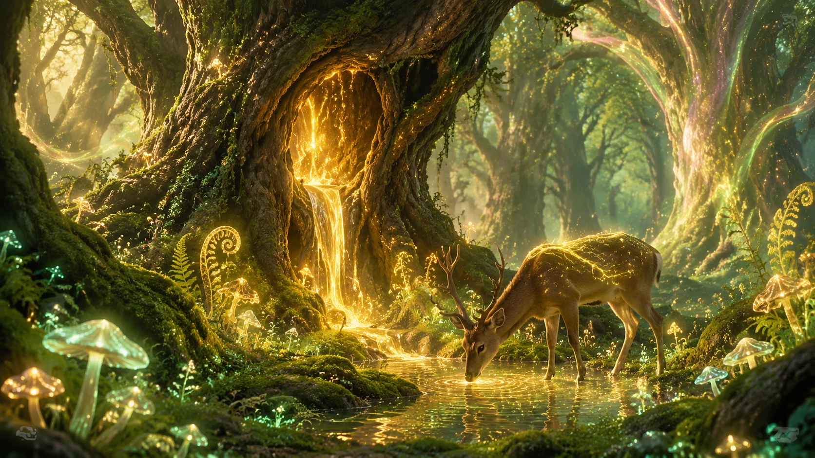 Glowing ancient tree with healing spring in fantasy forest