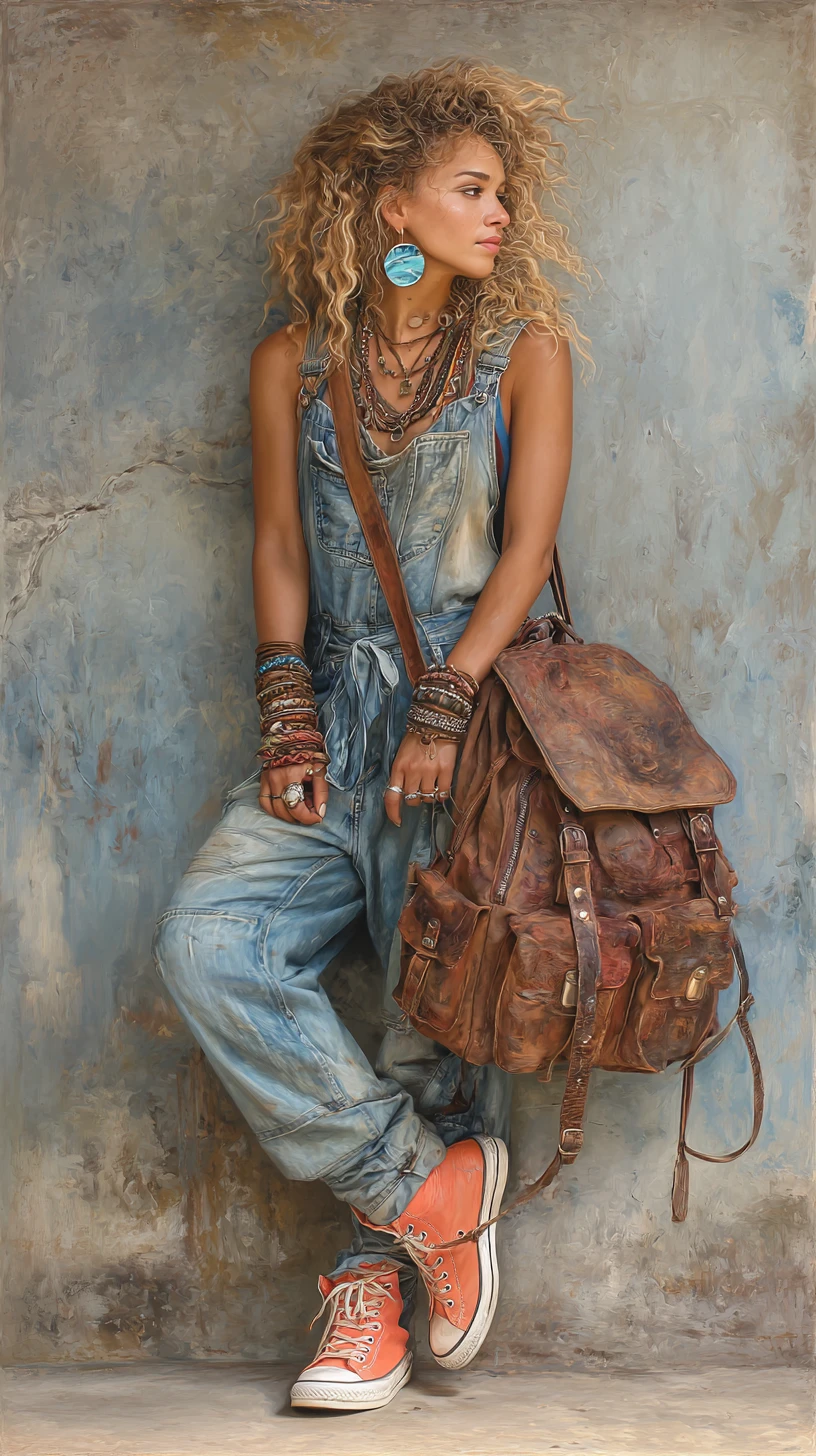 Bohemian woman in denim overalls against textured concrete wall