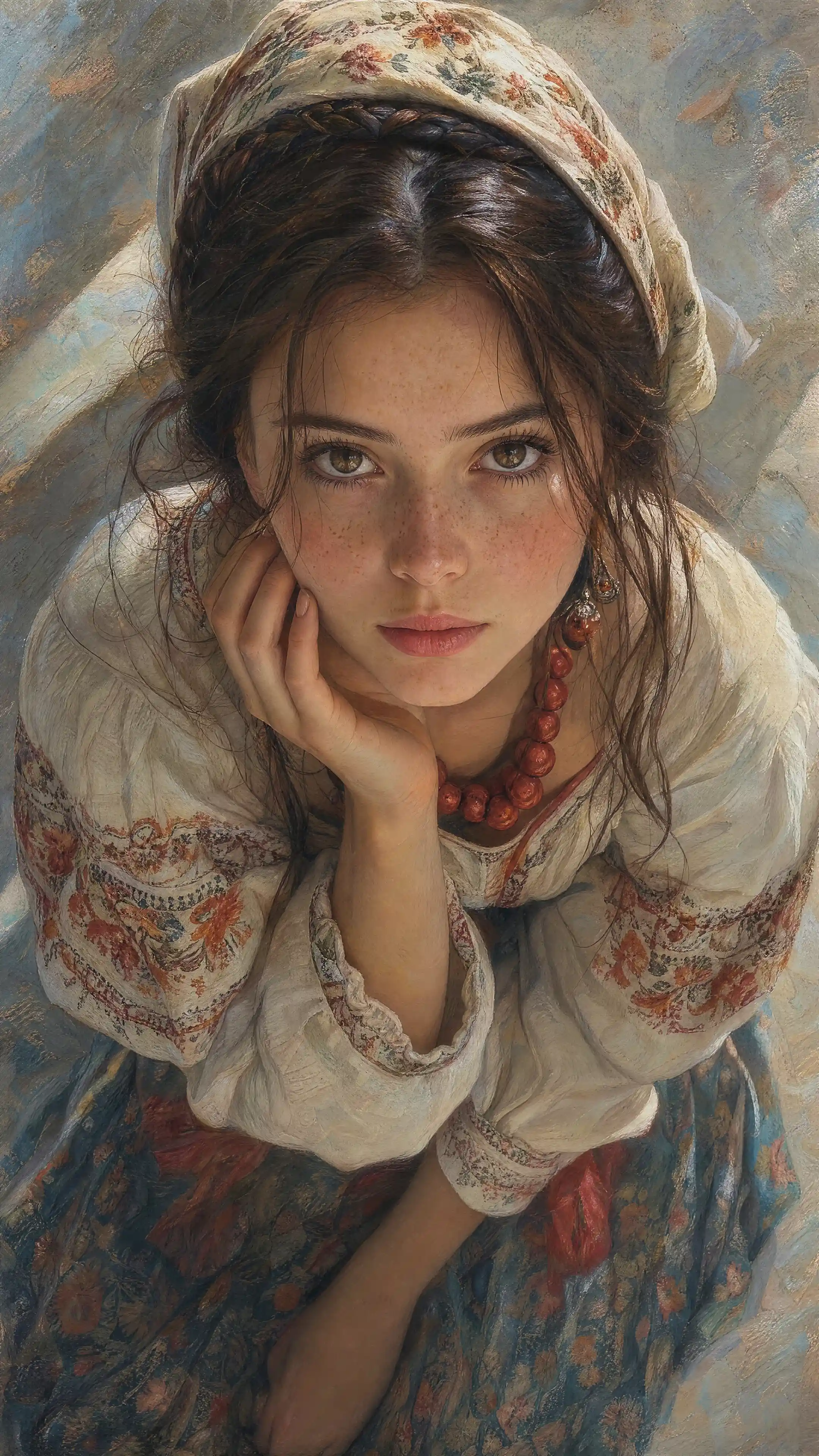 Serene slavic woman portrait in soft pastel drawing