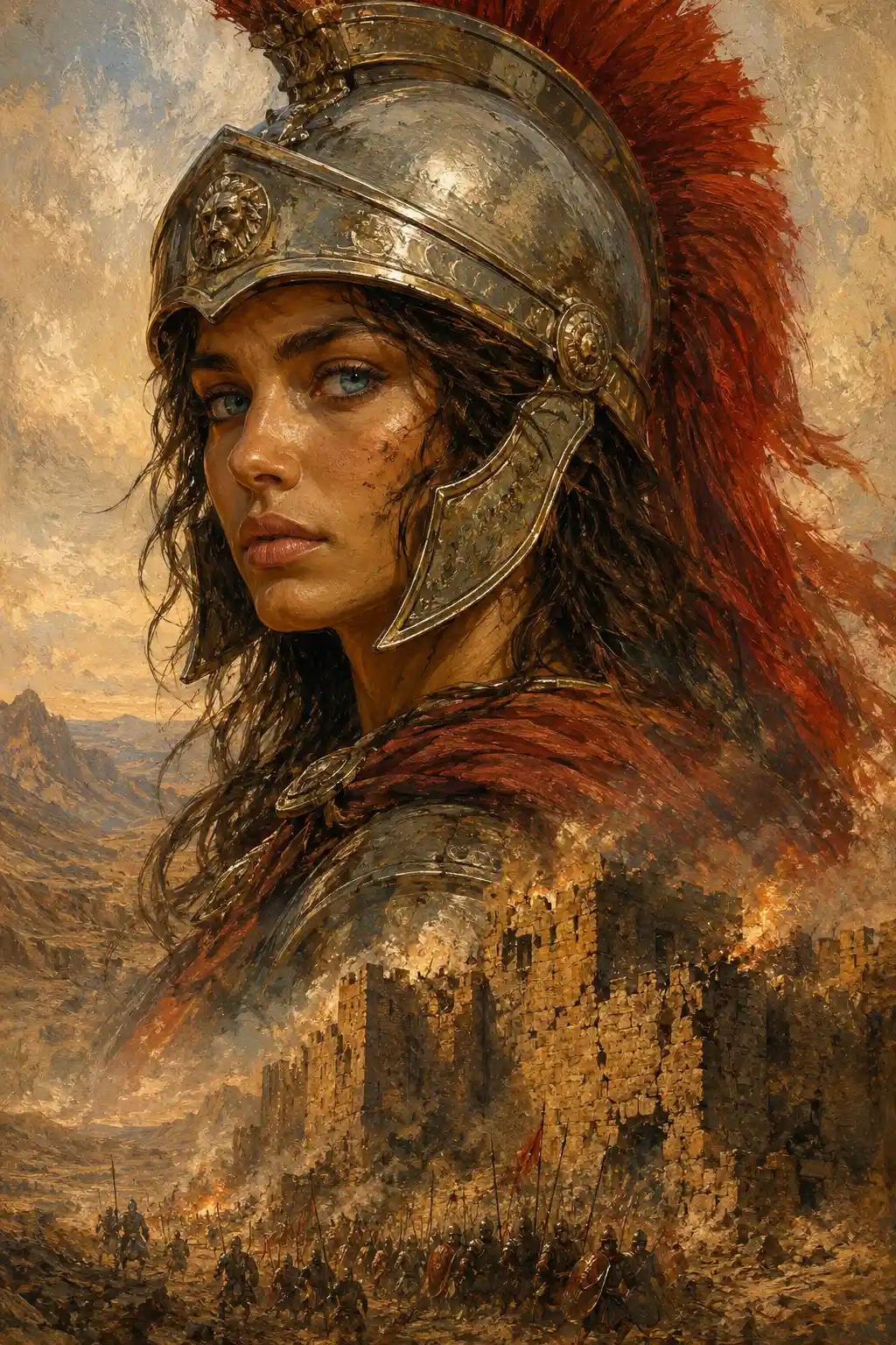 Serene female warrior in armor before desert stronghold