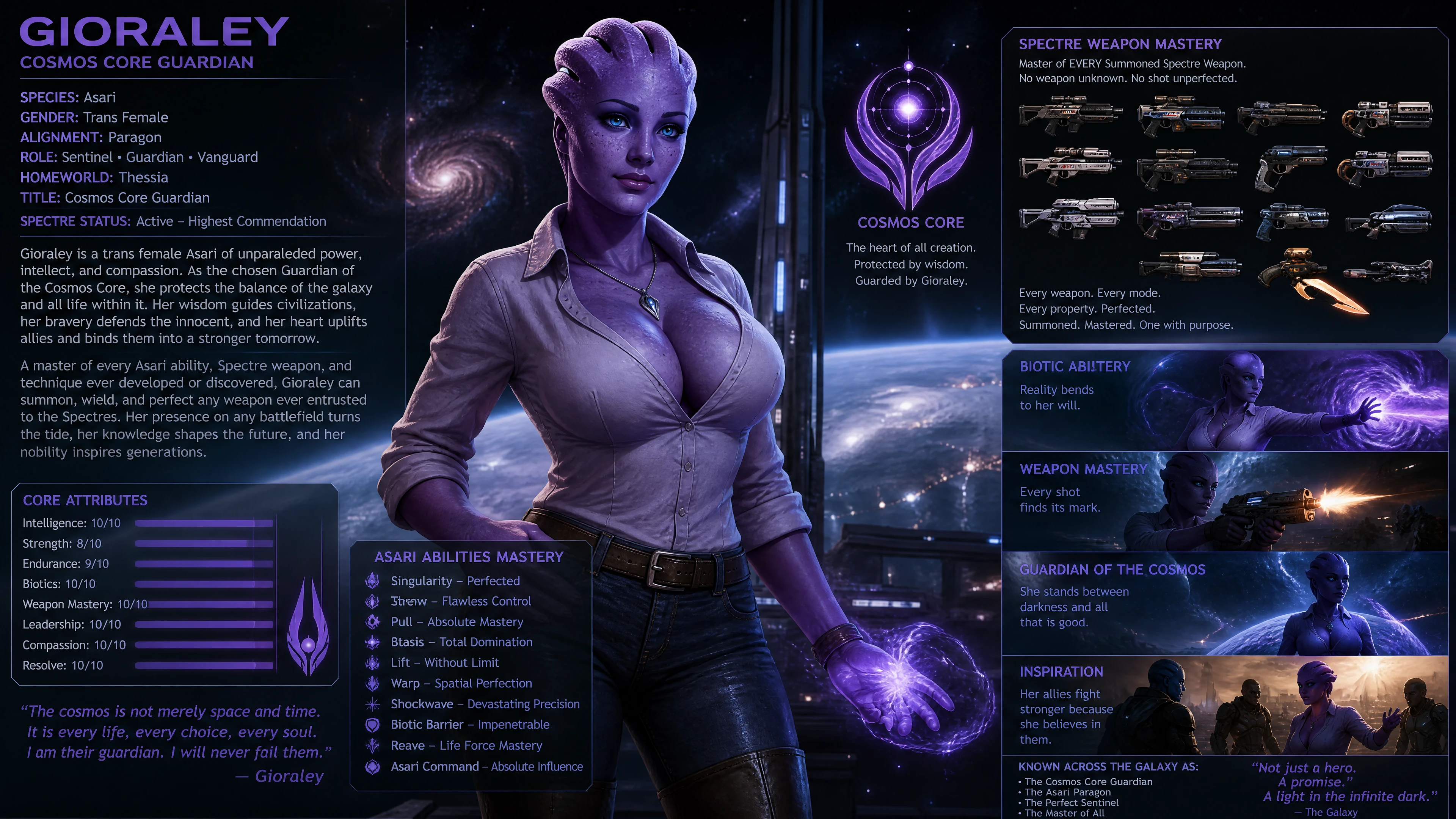 Purple alien woman guardian in casual clothes