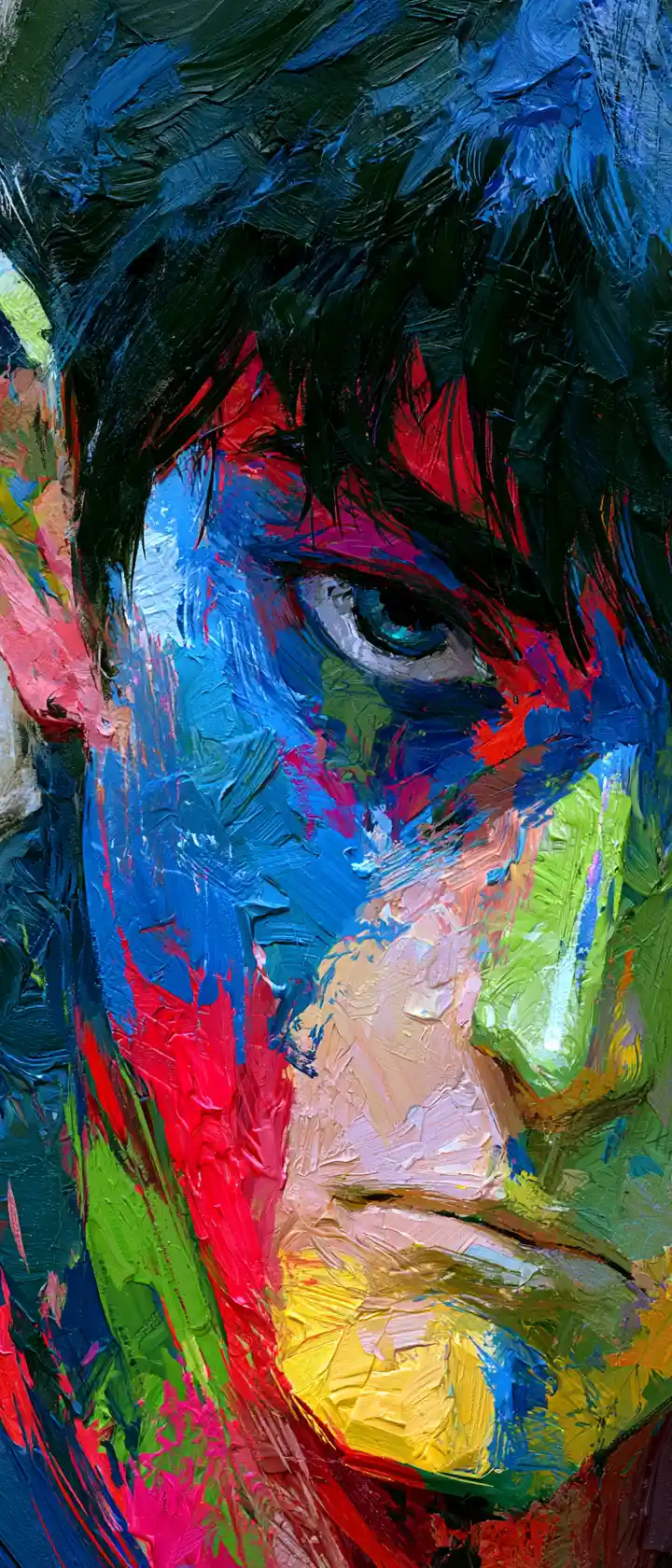 Chaotic anime portrait built from clashing colored paint strokes