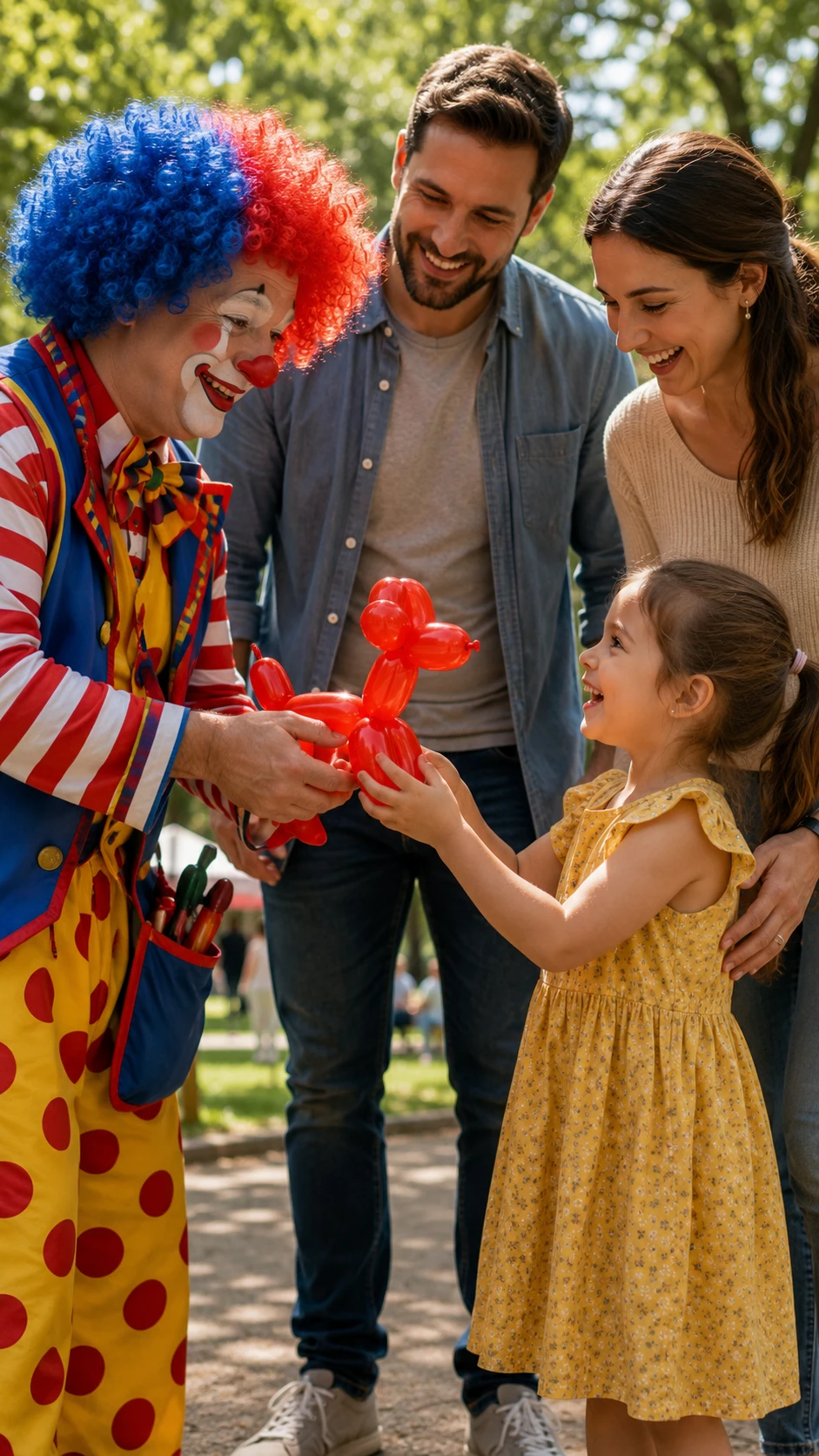 Clown making a balloon dachshund for a girl in park