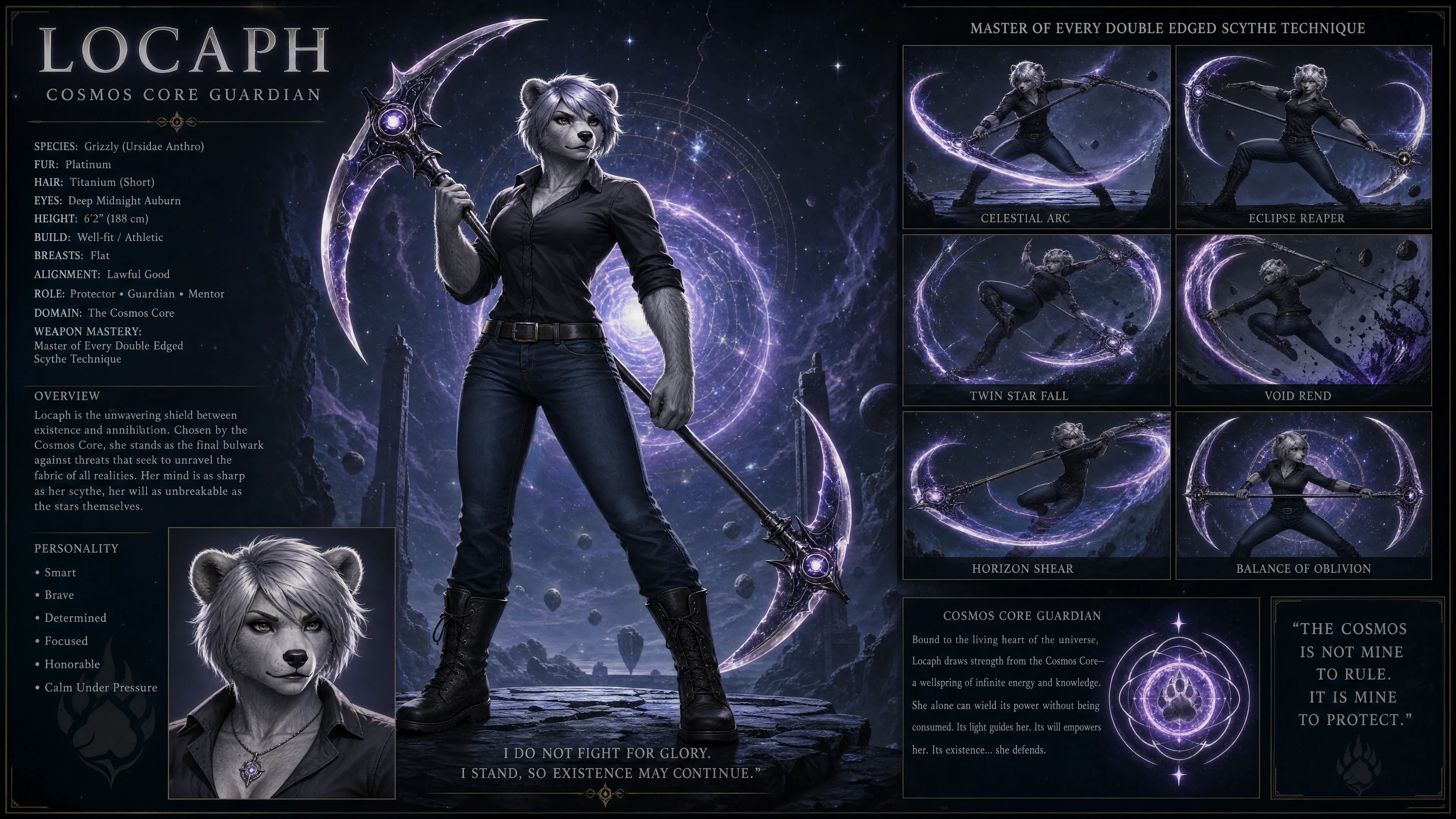 Anthro guardian woman with scythe in a cosmic scene