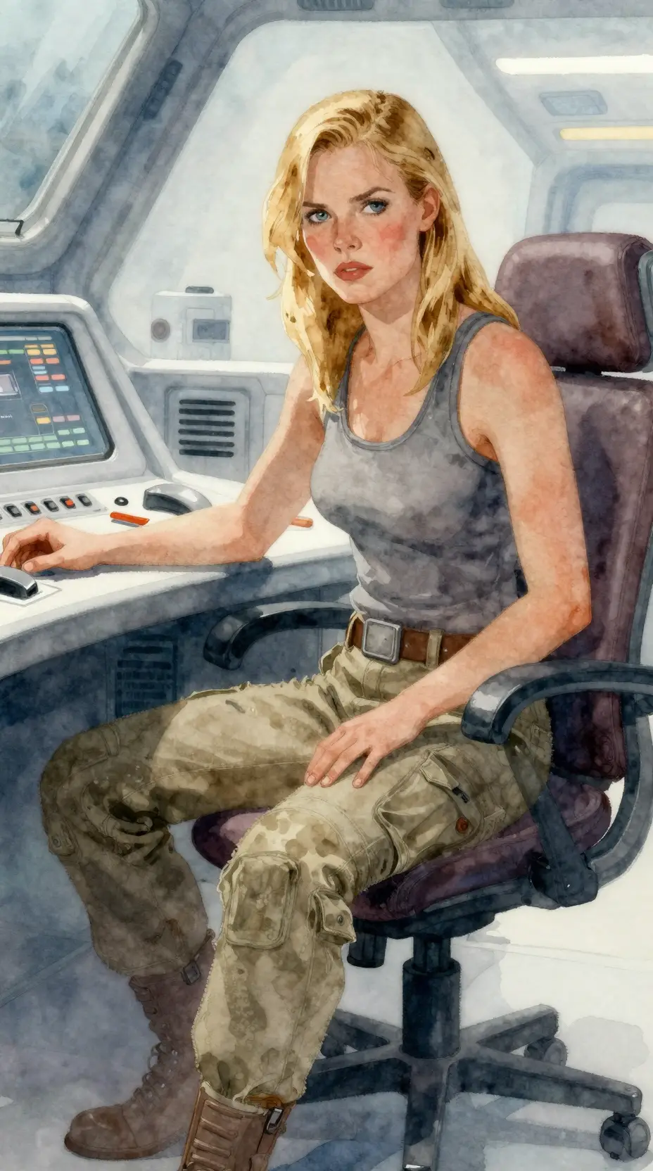 Zähe blonde Pilotin in einem hellen futuristischen Kontrollraum