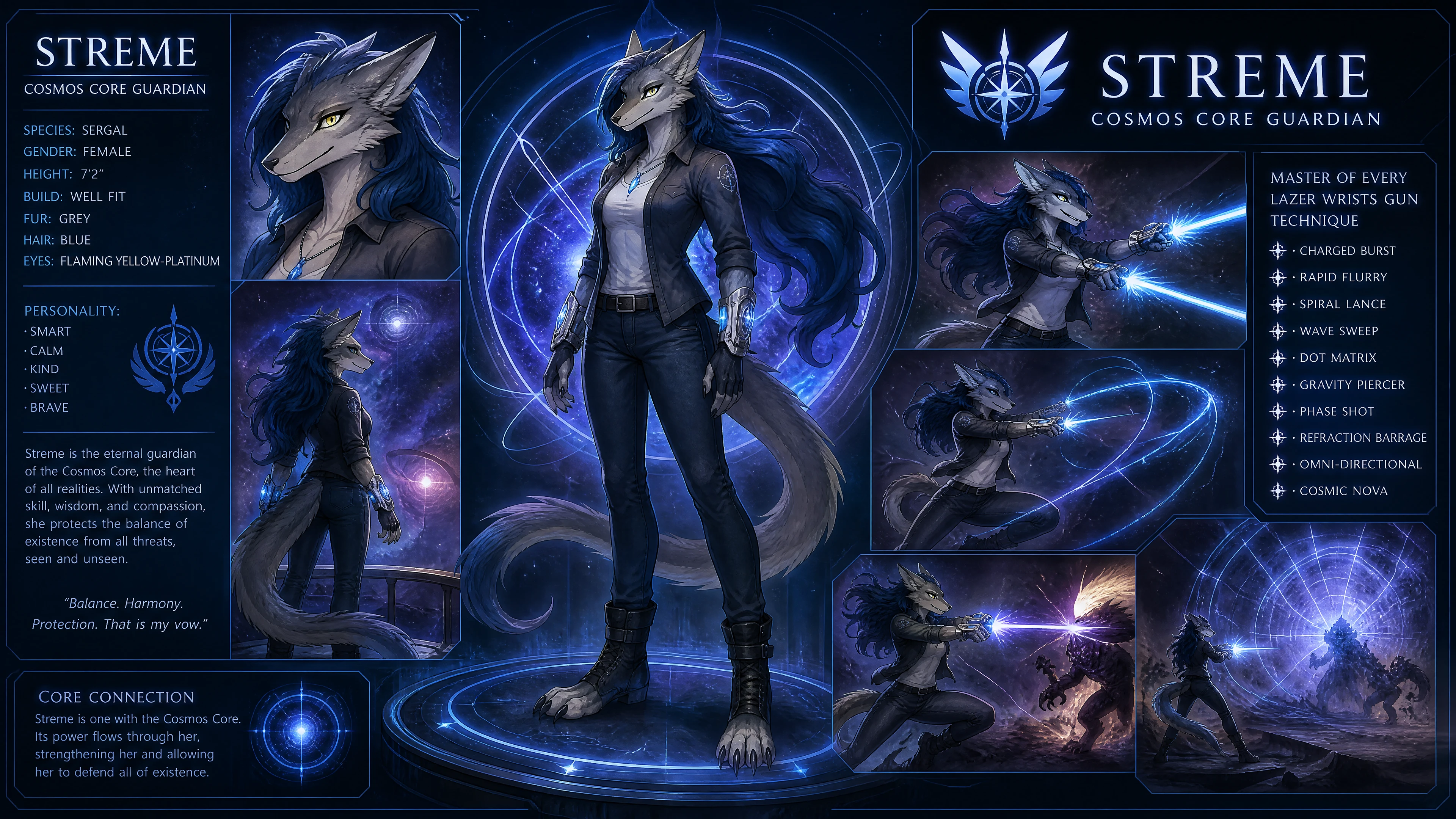 Anthro cosmic guardian with blue hair and glowing eyes