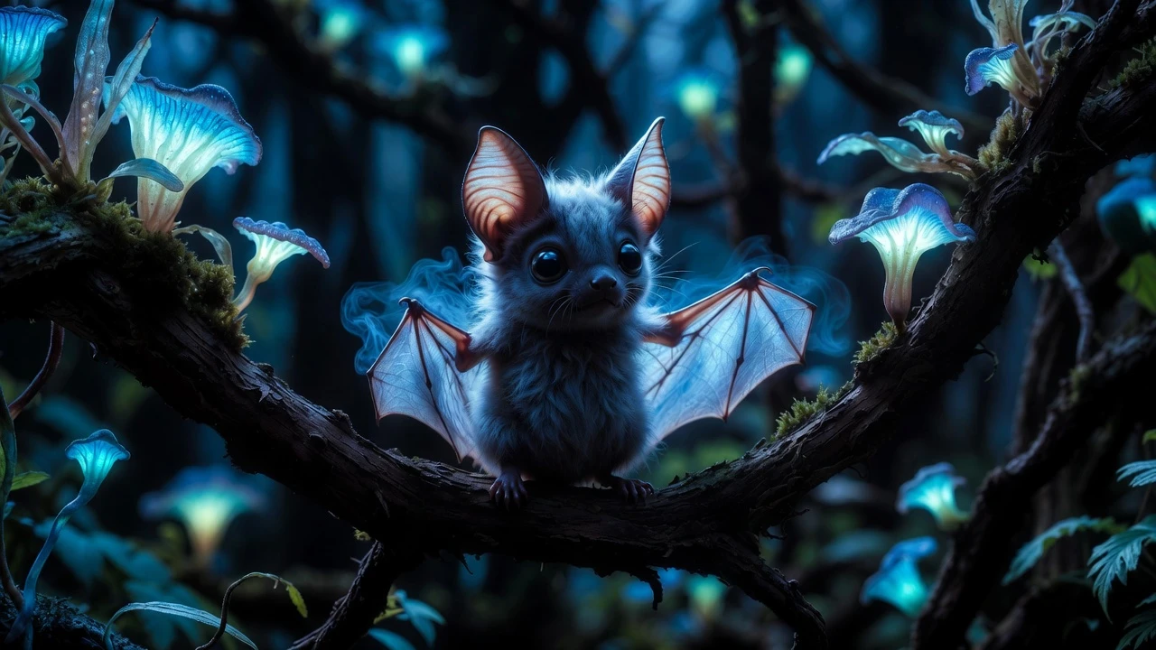Cute bat on glowing branch in an enchanted forest