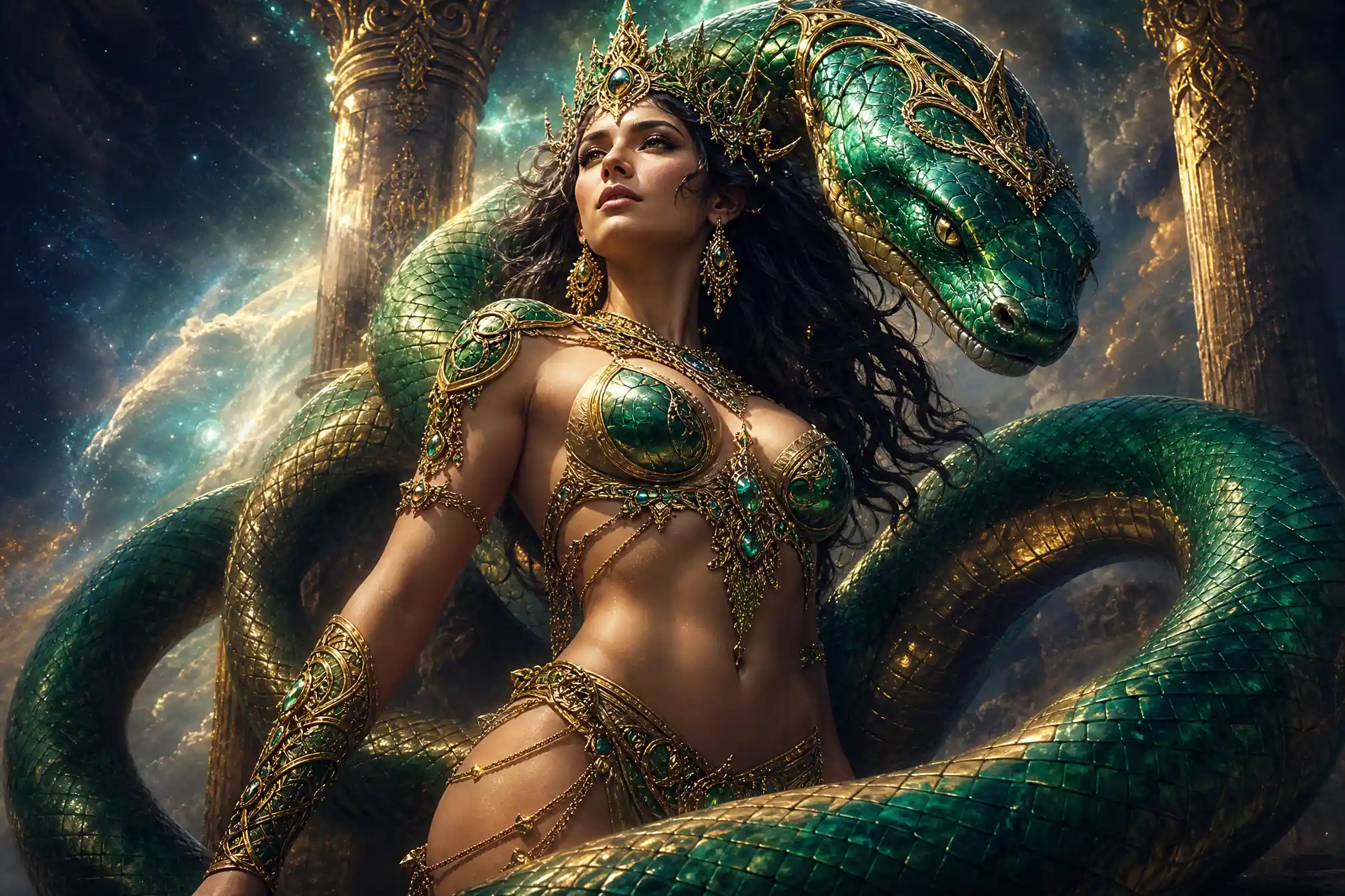 Regal warrior queen standing atop a giant emerald serpent