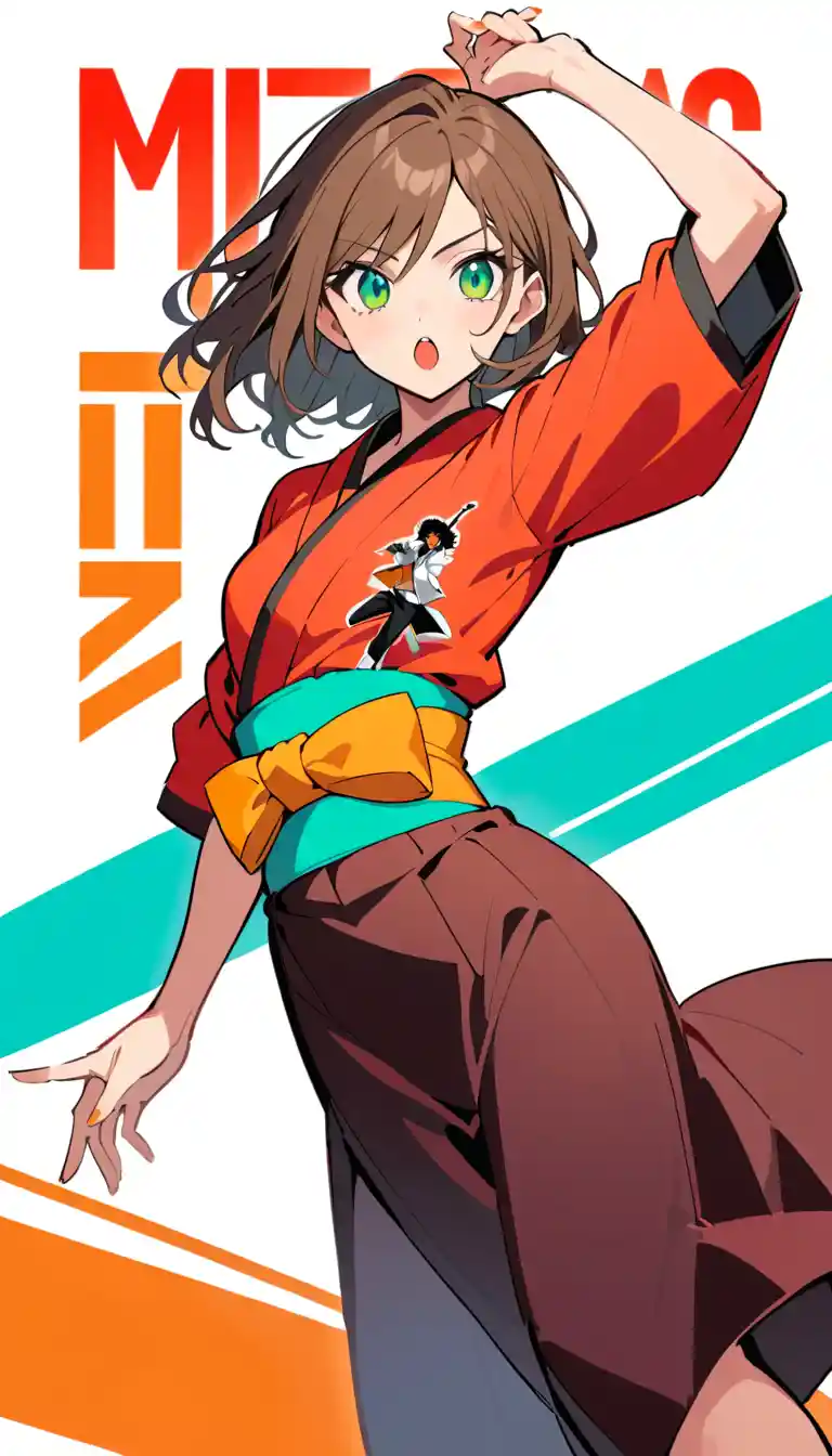 Young girl in black and red yukata with orange sash