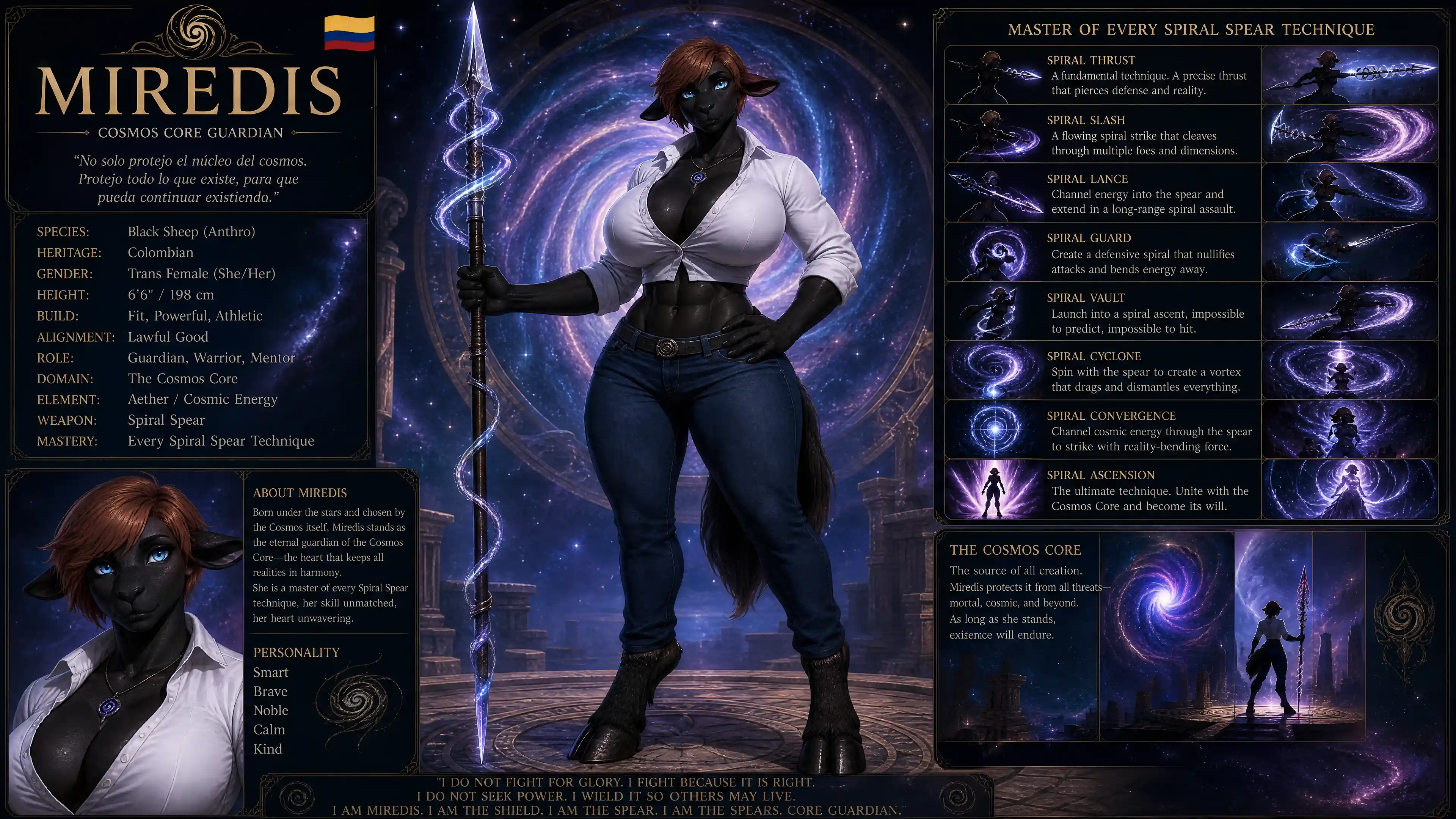 Tall fantasy woman with auburn hair and spiral spear