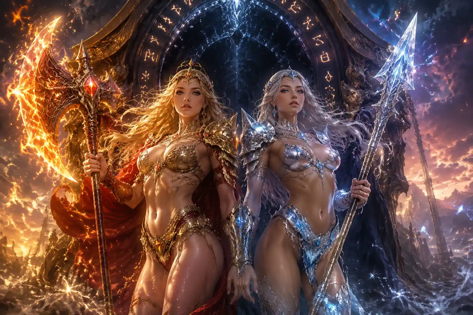 Heroic sisters guard a rune carved obsidian portal