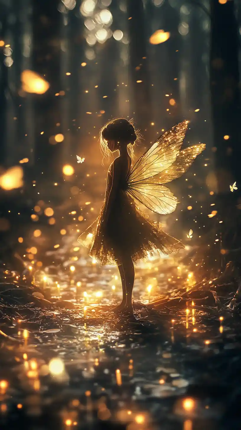 Silhouetted fairy amid glowing candles in dark forest