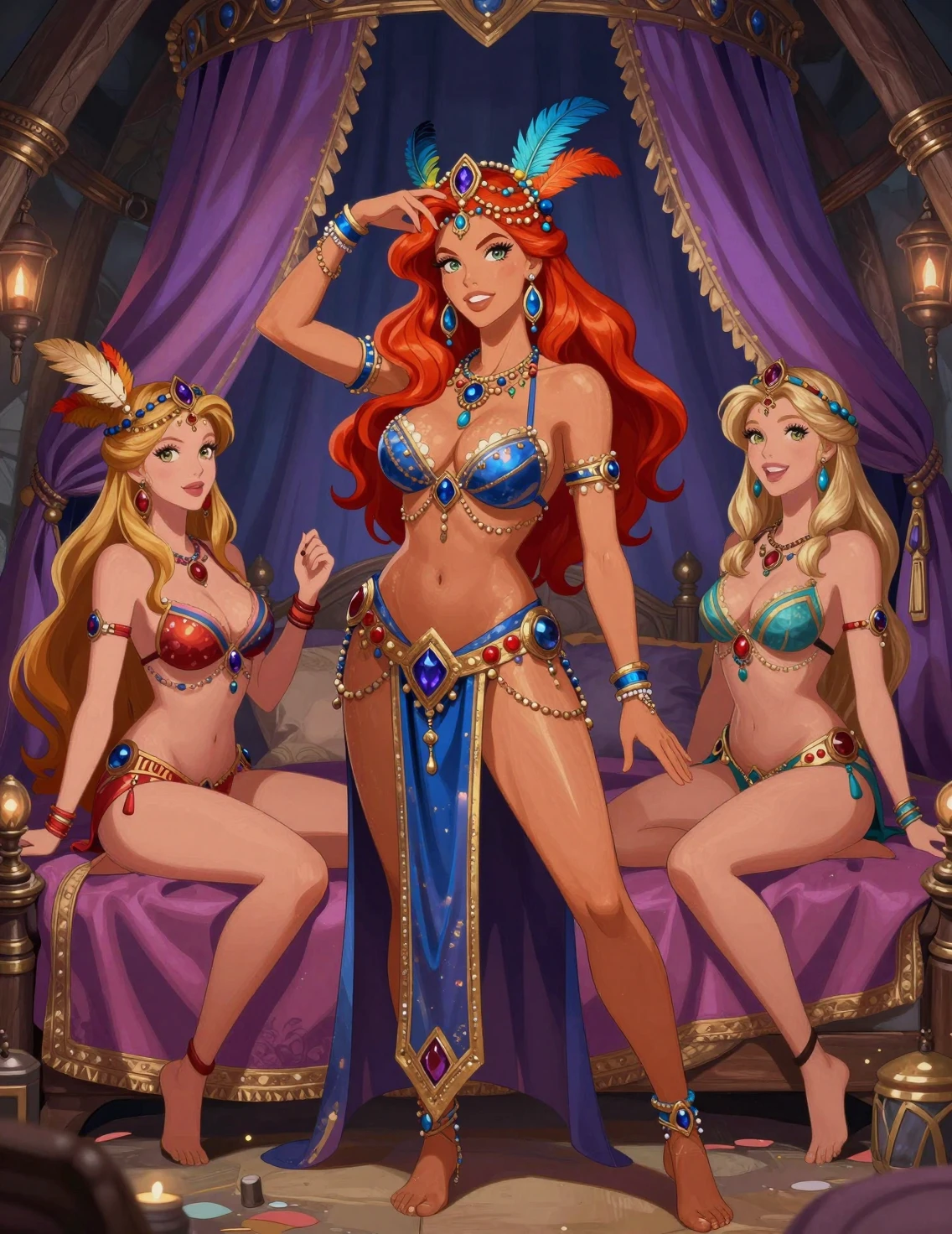 Red haired fantasy warrior woman in a medieval viking hall