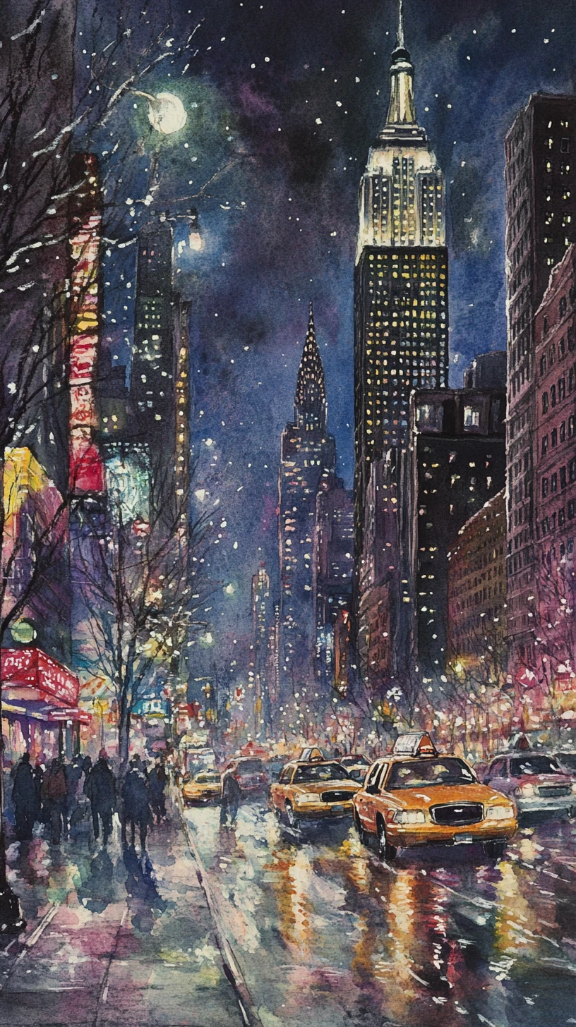 Escena nocturna de calle en Nueva York en acuarela