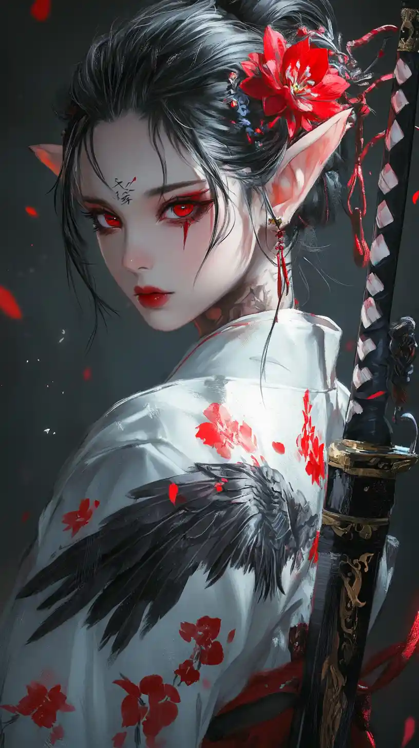Tattooed anime warrior woman in floral kimono with katana