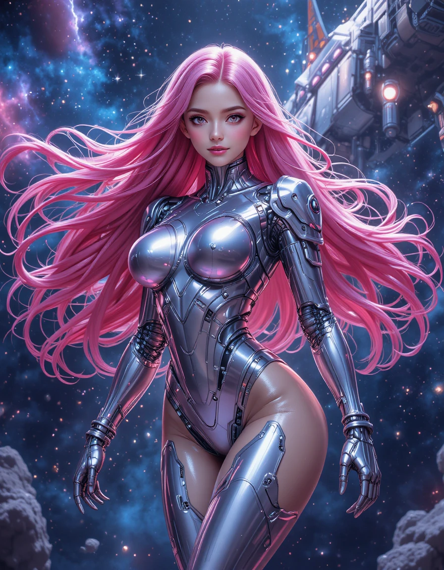 Pink haired sci fi woman in armored space suit