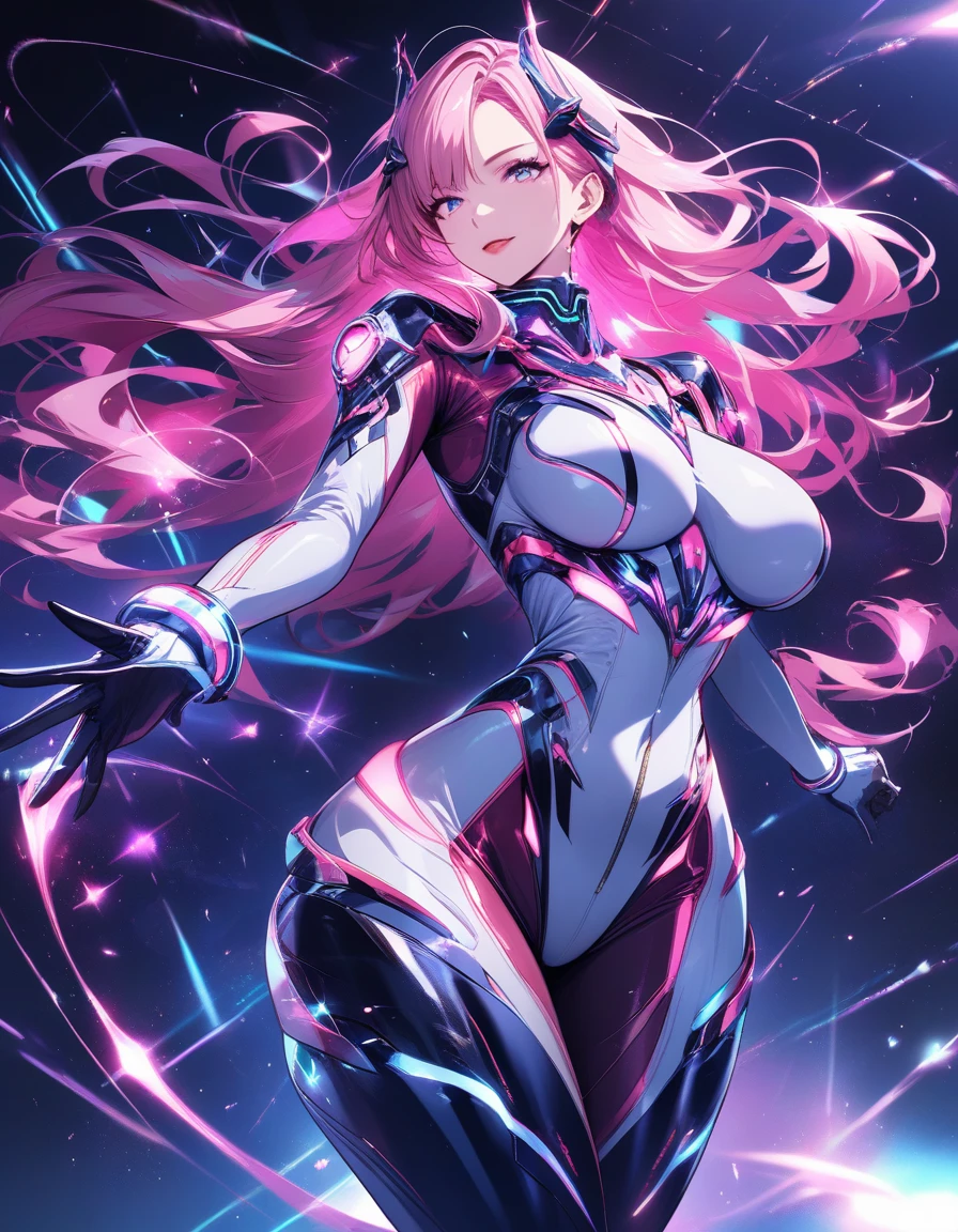 Pink haired woman in mecha spacesuit floating in space